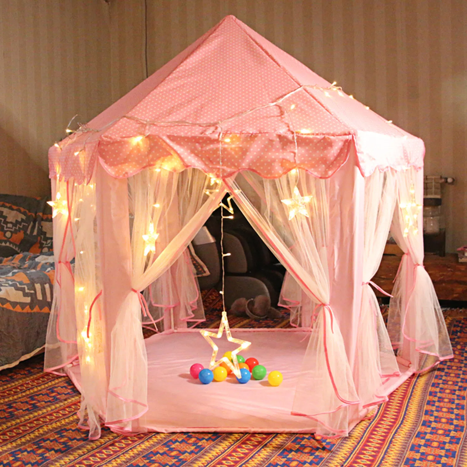 Princess Play Tent for Girls, Large Castle Playhouse with 6 Breathable Mesh Doors, Indoor Outdoor Play Tent for Backyard Garden Party, Sturdy Structure Easy Assembly, Gift for Kids Birthday photo 6