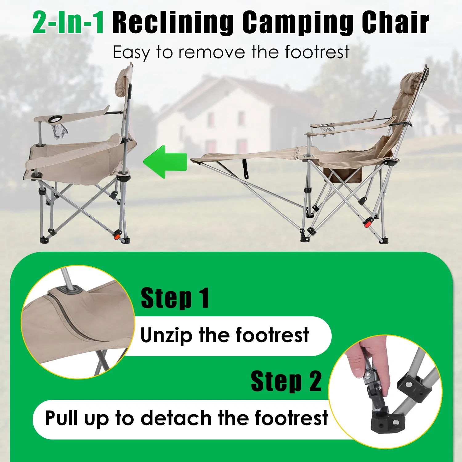 1Pc Reclining Camping Chair with Footrest 4-Position Adjustable Outdoor Folding Chair Heavy Duty Portable Camping Lounge Chair with Headrest Cup Holder & Side Pocket for Outdoor Beach Patio Travel photo 8