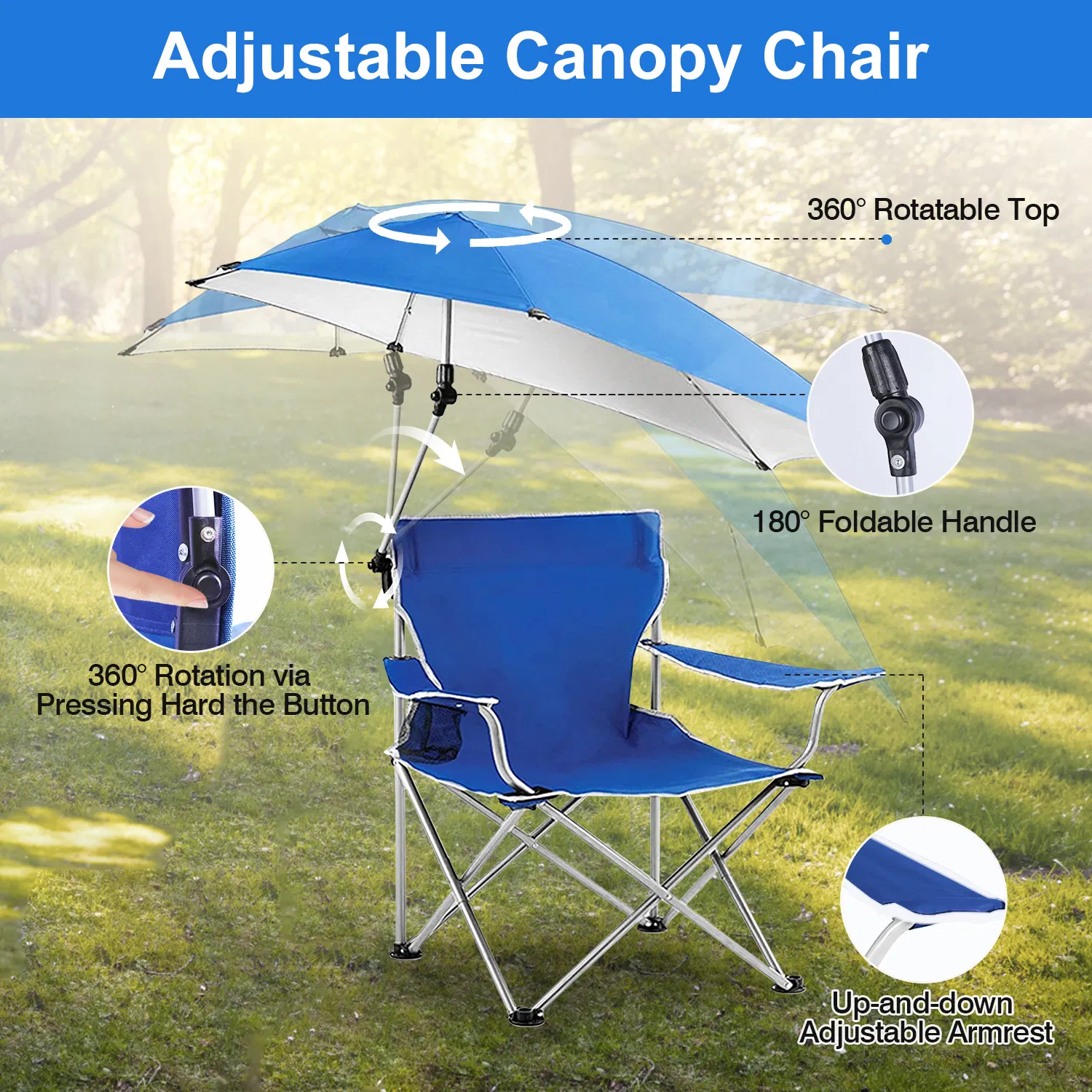 Foldable Beach Chair with Detachable Umbrella Armrest Adjustable Canopy Stool with Cup Holder Carry Bag for Camping Poolside Travel Picnic Lawn Chair photo 7