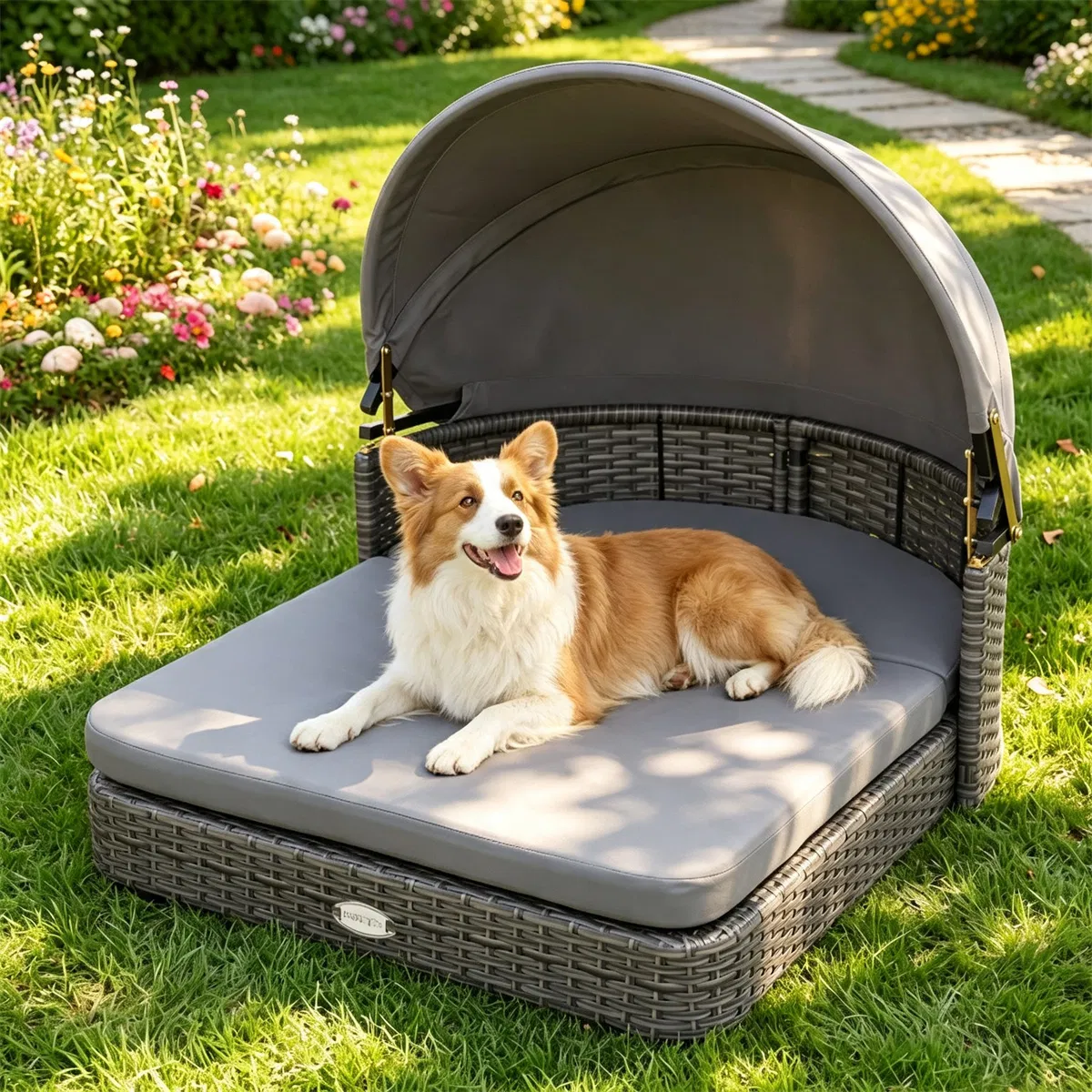Gray Hand-Woven PE Rattan Dog Bed with Adjustable Canopy, Elevated Outdoor Pet Daybed with Washable Plush Cushion, Anti-Slip Breathable Pet Shelter for Indoor Patio Garden photo 2