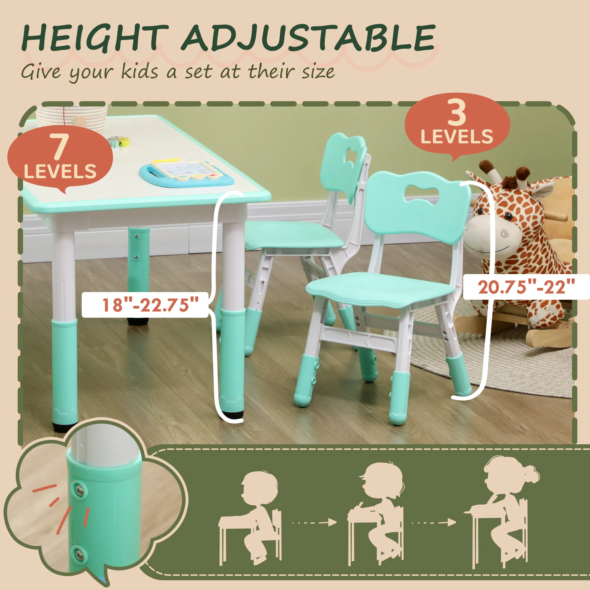Kids Table and Chair Set with 4 Chairs, Adjustable Height, Easy to Clean, for 1.5 - 5 Years Old, Green photo 2