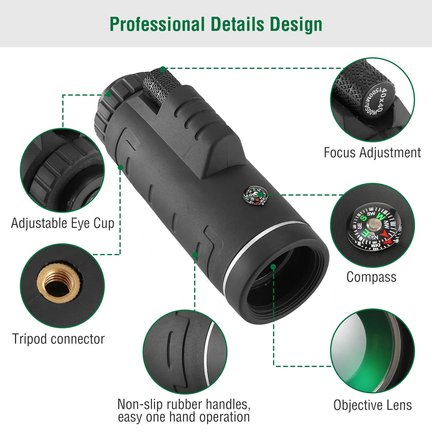 40x40 HD Optical Monocular Telescope w/ FMC Lens Low Light Vision Scope Phone Holder Tripod Compass photo 5
