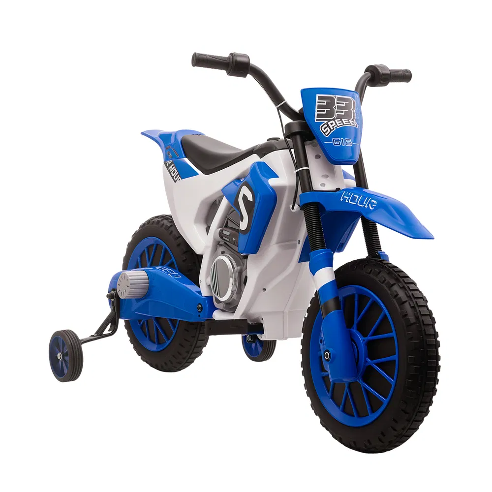 Kids Dirt Bike Battery-Powered Ride-On Electric Motorcycle with Charging 12V Battery, Training Wheels Blue photo 7