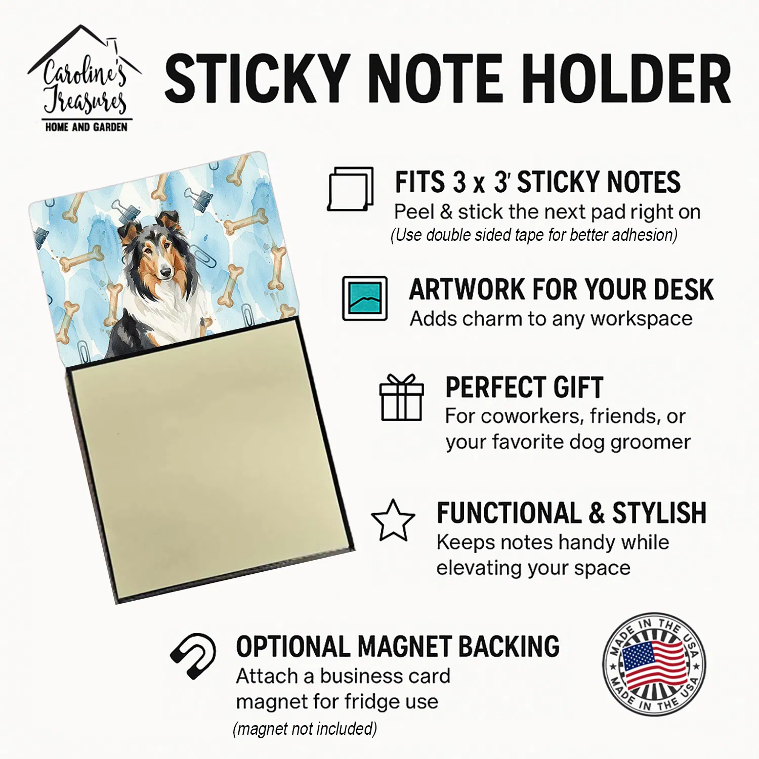 Tricolor Collie Coworker Watercolor Sticky Note Holder Refillable Dispenser Desk Accessory 3x3 Pad Gift photo 6