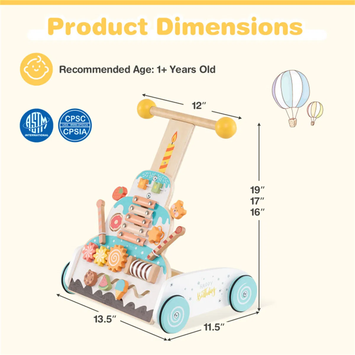 Wooden Baby Walker with 3-Position Adjustable Heights and Smooth Wheels photo 2