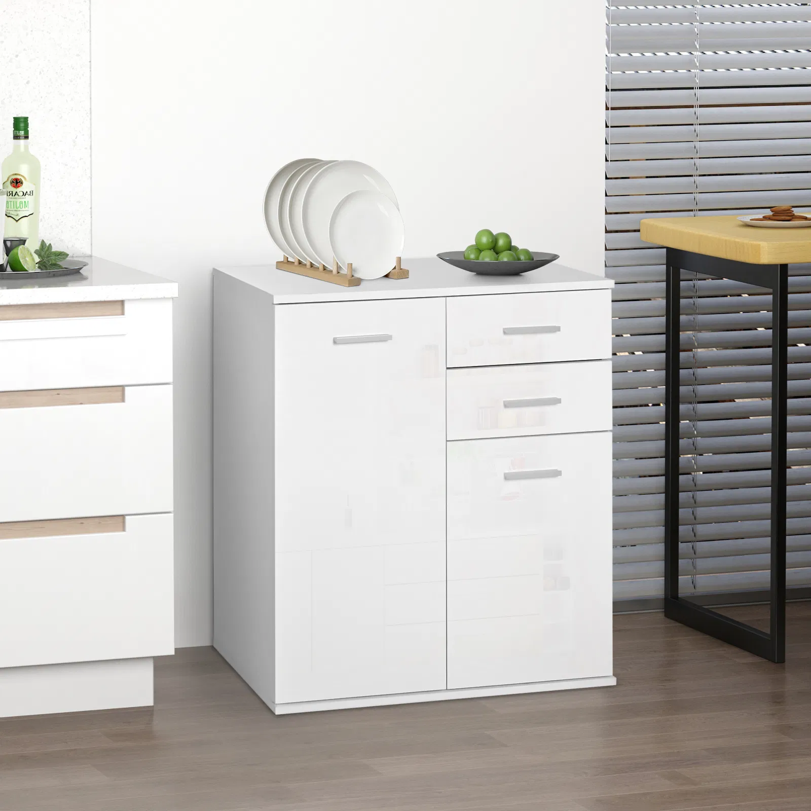 High Gloss Sideboard with 2 Drawers and 2 Doors, Buffet Cabinet with Adjustable Shelf, Coffee Bar Cabinet with Storage, White photo 2