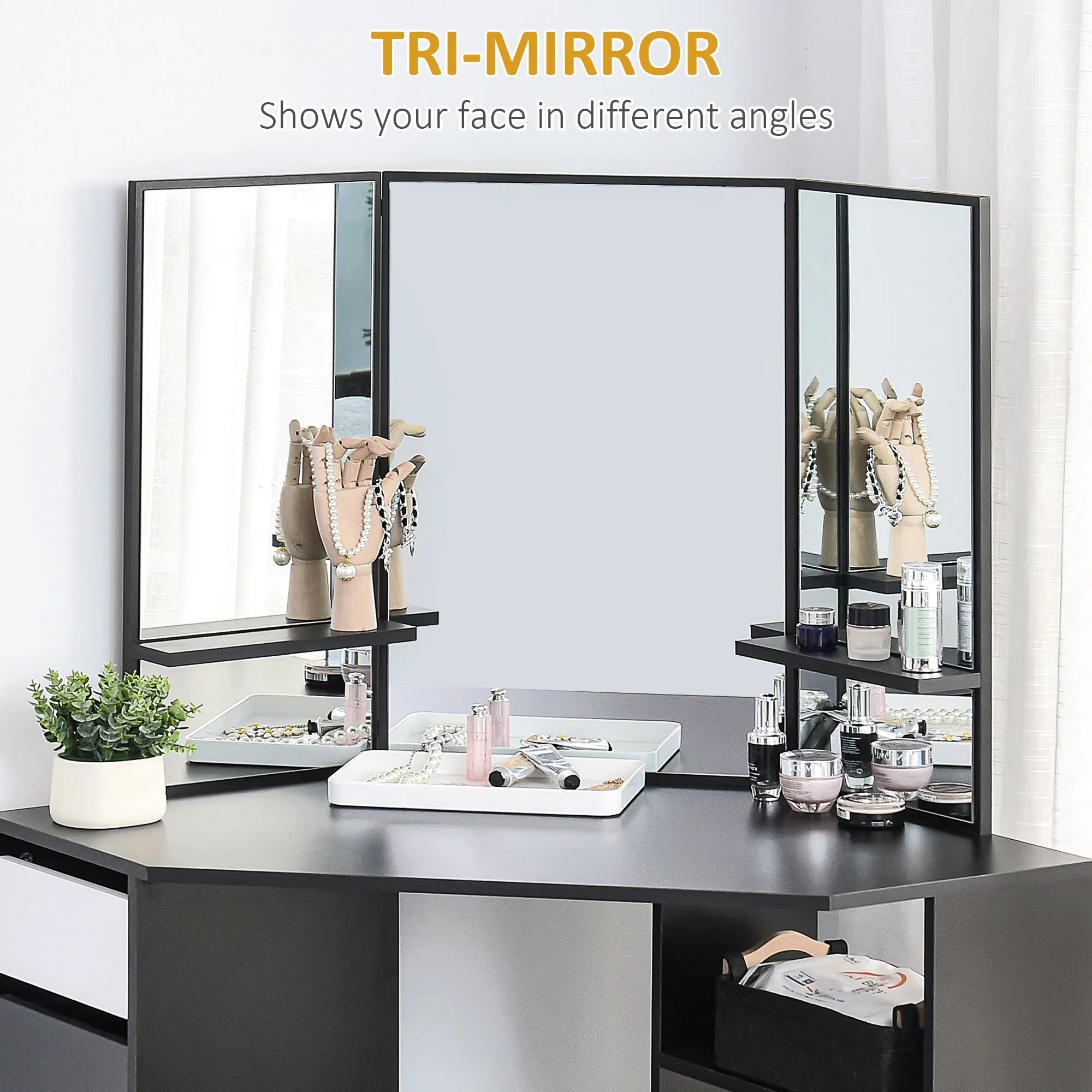 Corner Vanity Desk with Mirror, Makeup Vanity Table with 5 Drawers and Open Shelves, Dressing Table with 3-piece Mirror for Bedroom, Black photo 2
