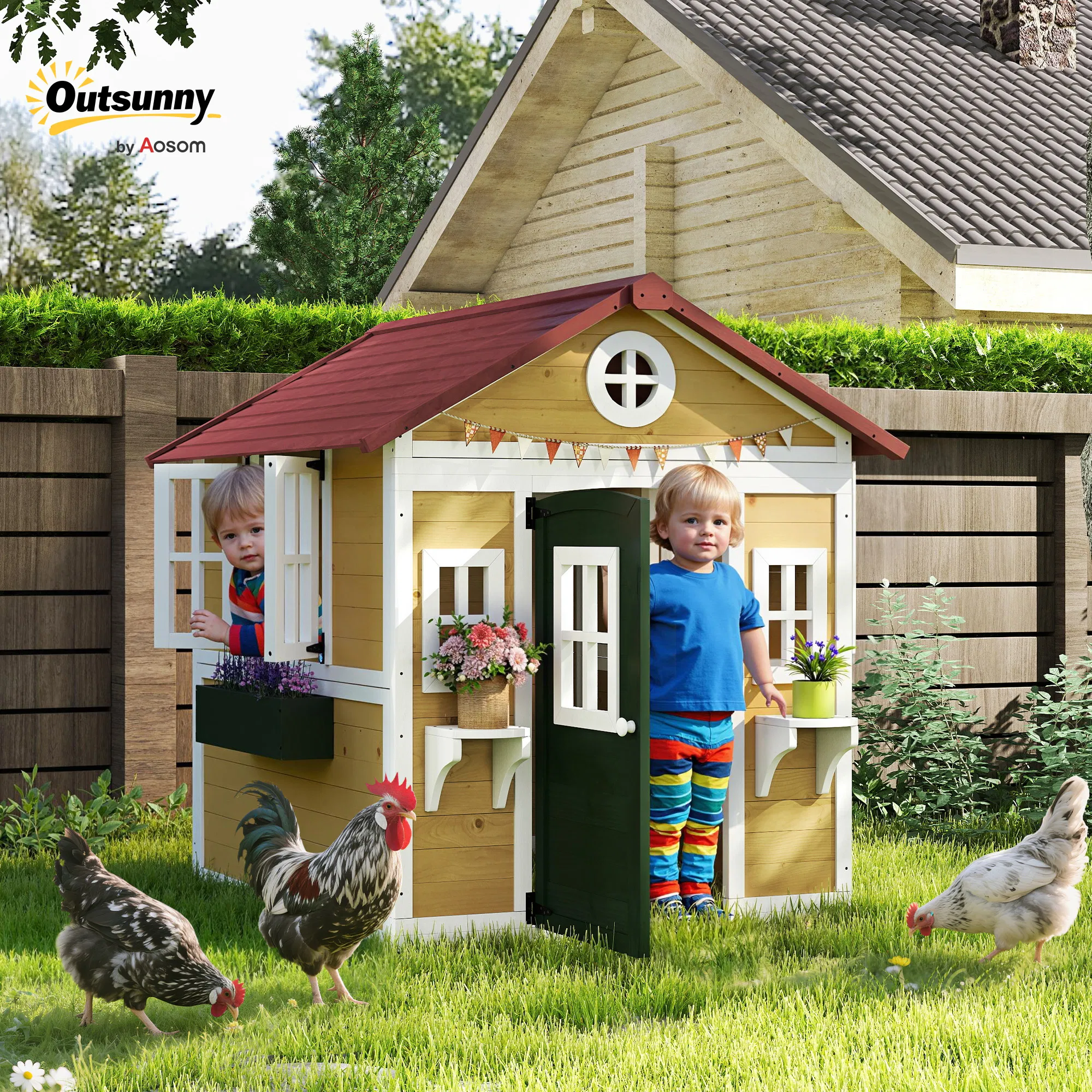 Wooden Playhouse for Kids Outdoor with Door, Windows, Planter Pots and Boxes for Toddlers 3-8 Years, Beige photo 3