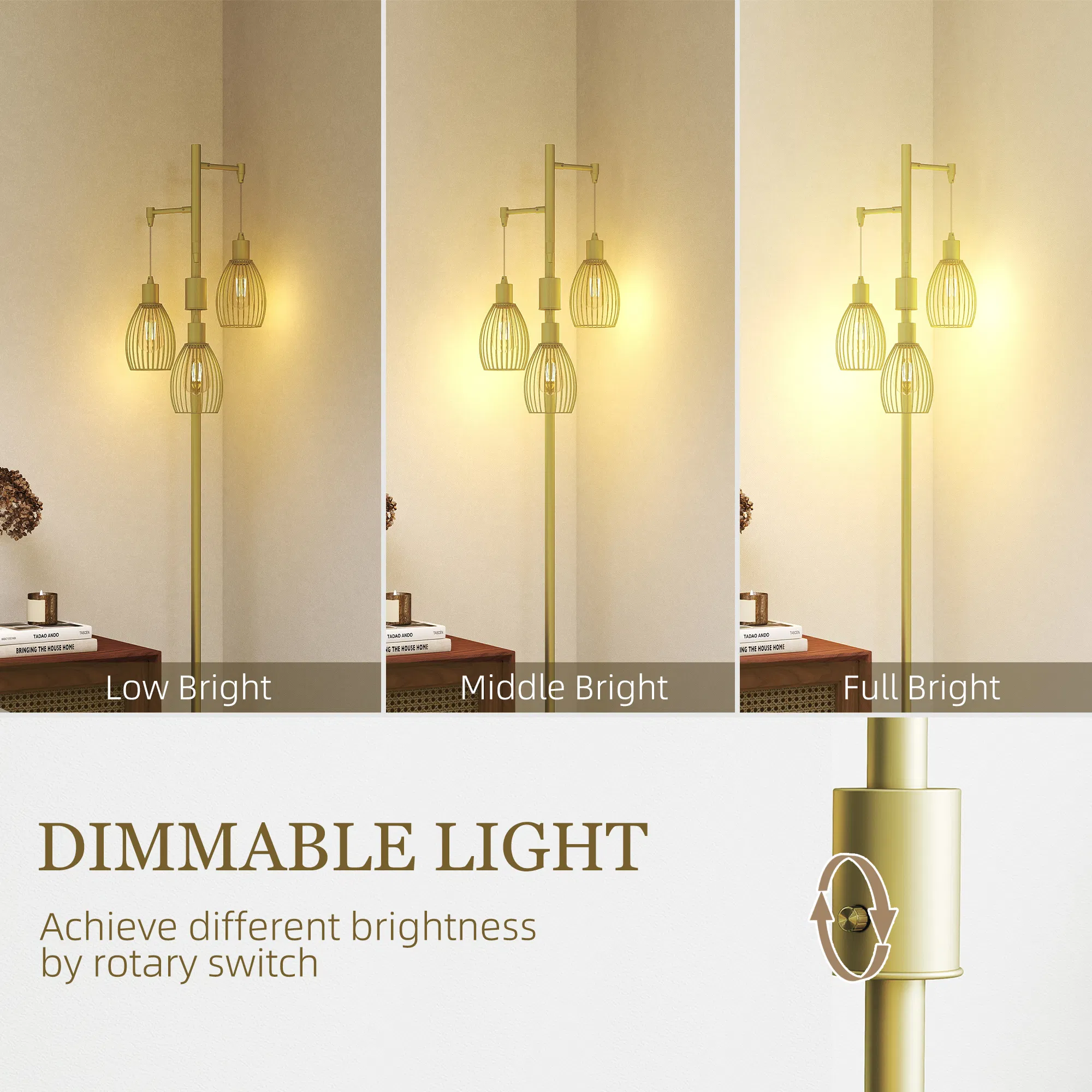 Industrial Floor Lamp with 3 Hanging Wire Lampshades, Dimmable Standing Lamp for Living Room, Gold photo 2