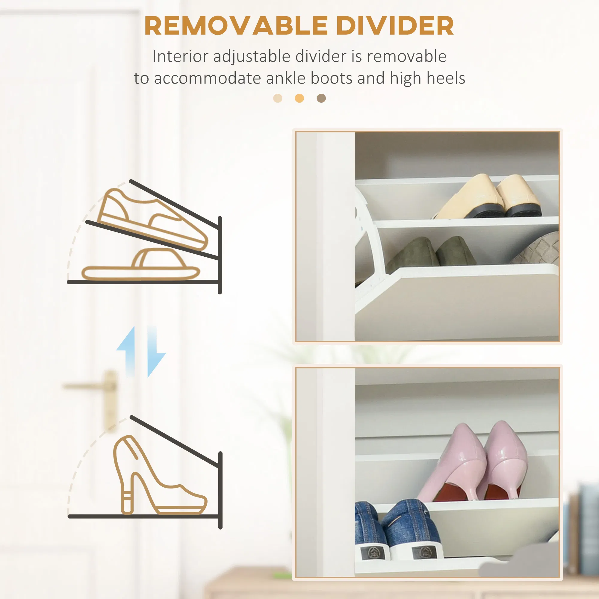 Shoe Storage Cabinet with 2 Flip Drawers and Adjustable Shelves for 6-12 Pairs of Shoes, White photo 3