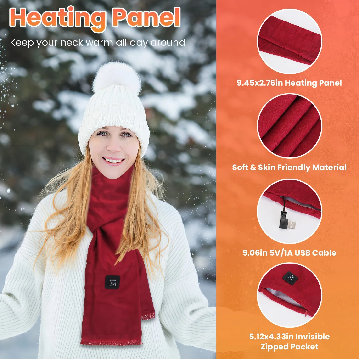 Heated Scarf USB Powered - 3 Heat Settings (Low/Medium/High), Soft Skin-Friendly, Washable, Stylish Colors for Winter Hiking/Camping/Birthday Gifts photo 6