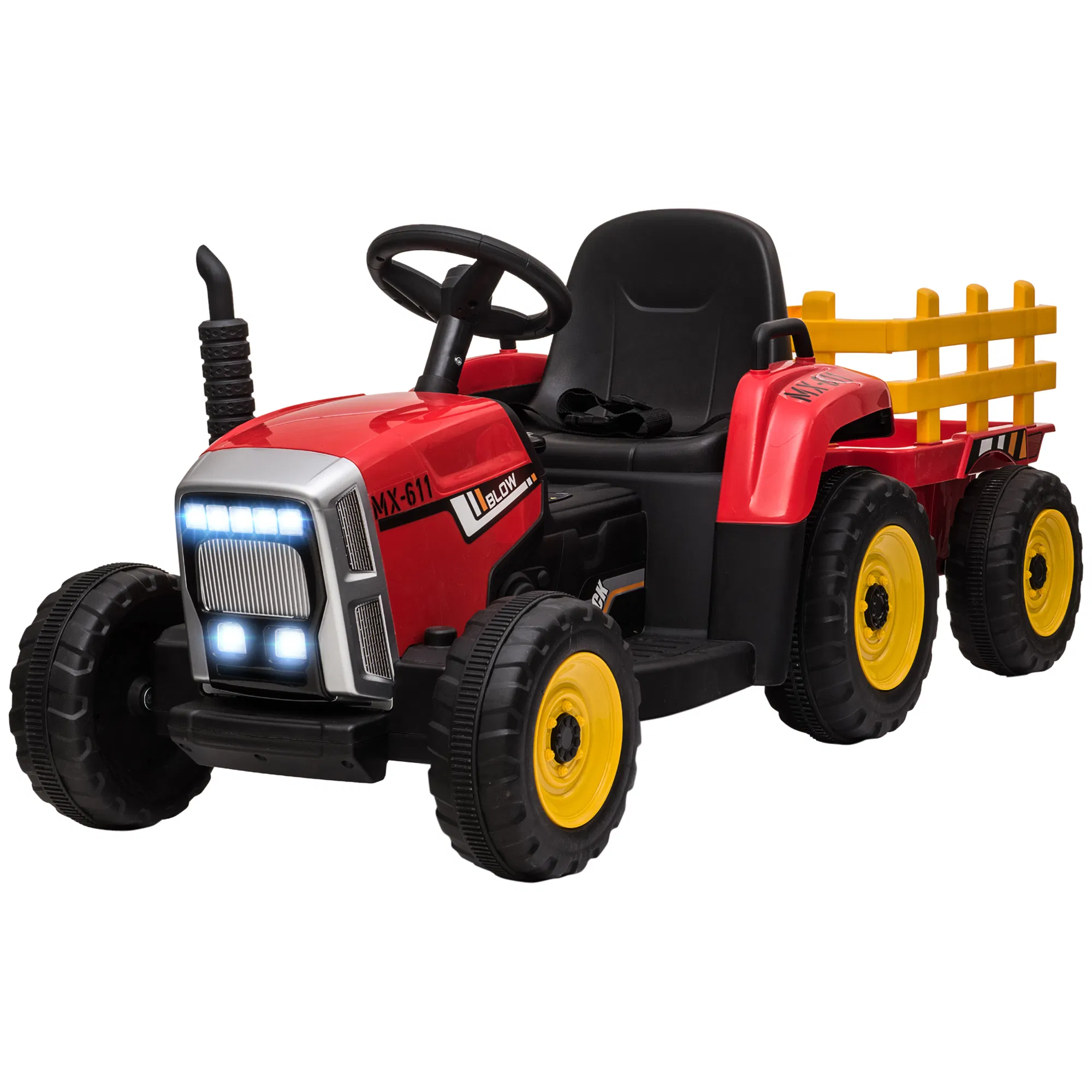 12V Kids Ride on Tractor with Trailer, Remote Control, Music Start up Sound and Horn, USB, LED Lights, Red photo 1