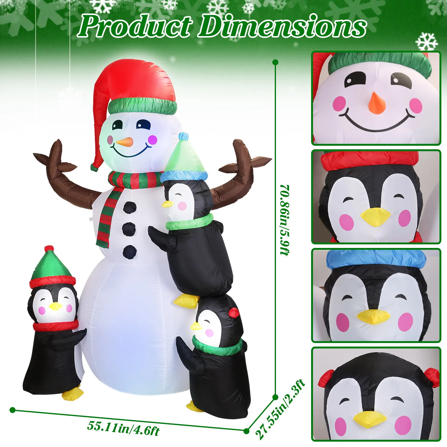 5.9FT Christmas Inflatable Decoration - Snowman & 3 Penguins with 5 LED Lights Includes Stakes/Ropes/Sandbags for Yard, Garden, Outdoor Indoor Decor photo 6