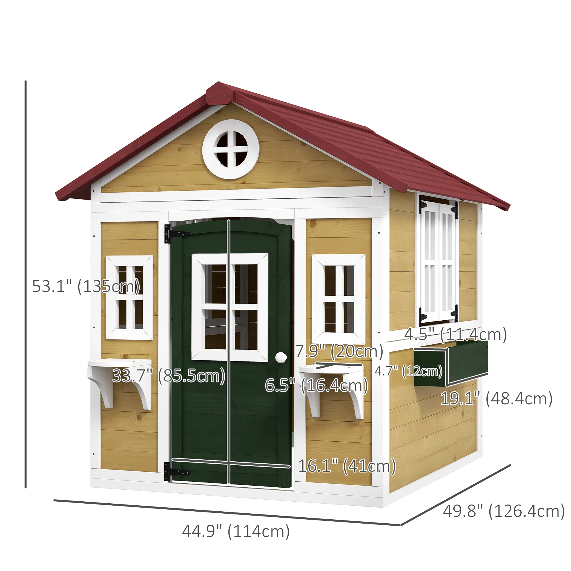 Wooden Playhouse for Kids Outdoor with Door, Windows, Planter Pots and Boxes for Toddlers 3-8 Years, Beige photo 2