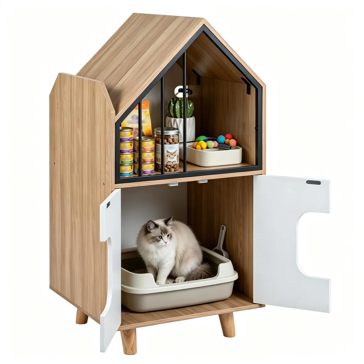 Natural & White Hidden Cat Litter Box Furniture, Elevated Cat Lounge Top Enclosed Cat Washroom Cabinet with Raised Legs for Living Room Bedroom Apartment photo 7