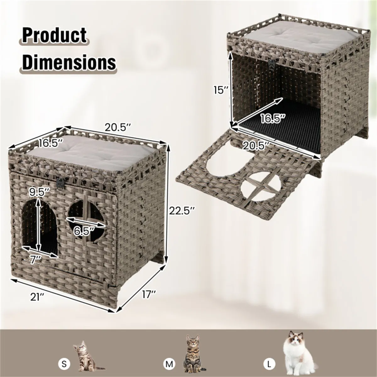 2-Tier Wicker Cat Condo with Litter Mat - Hidden Litter Box Enclosure, Detachable Washable Cushion, Gray Rattan photo 1