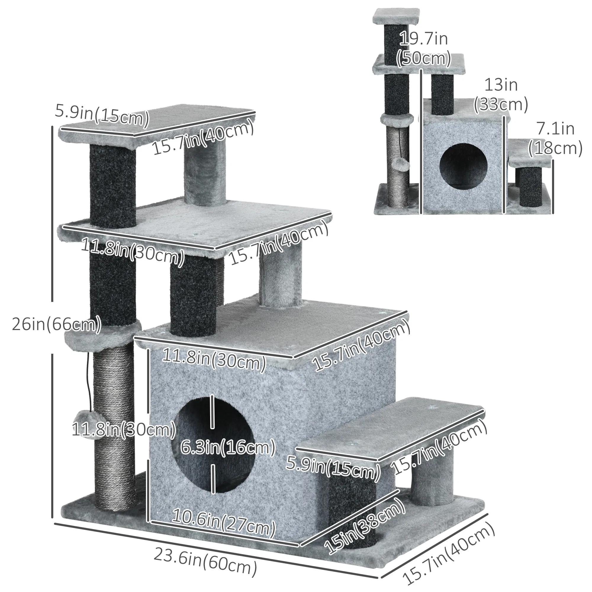 Cat Stairs Pet Steps for Couch Bed with Scratching Posts Condo Ball Toy, 23.6" x 15.7" x 26", Grey photo 2