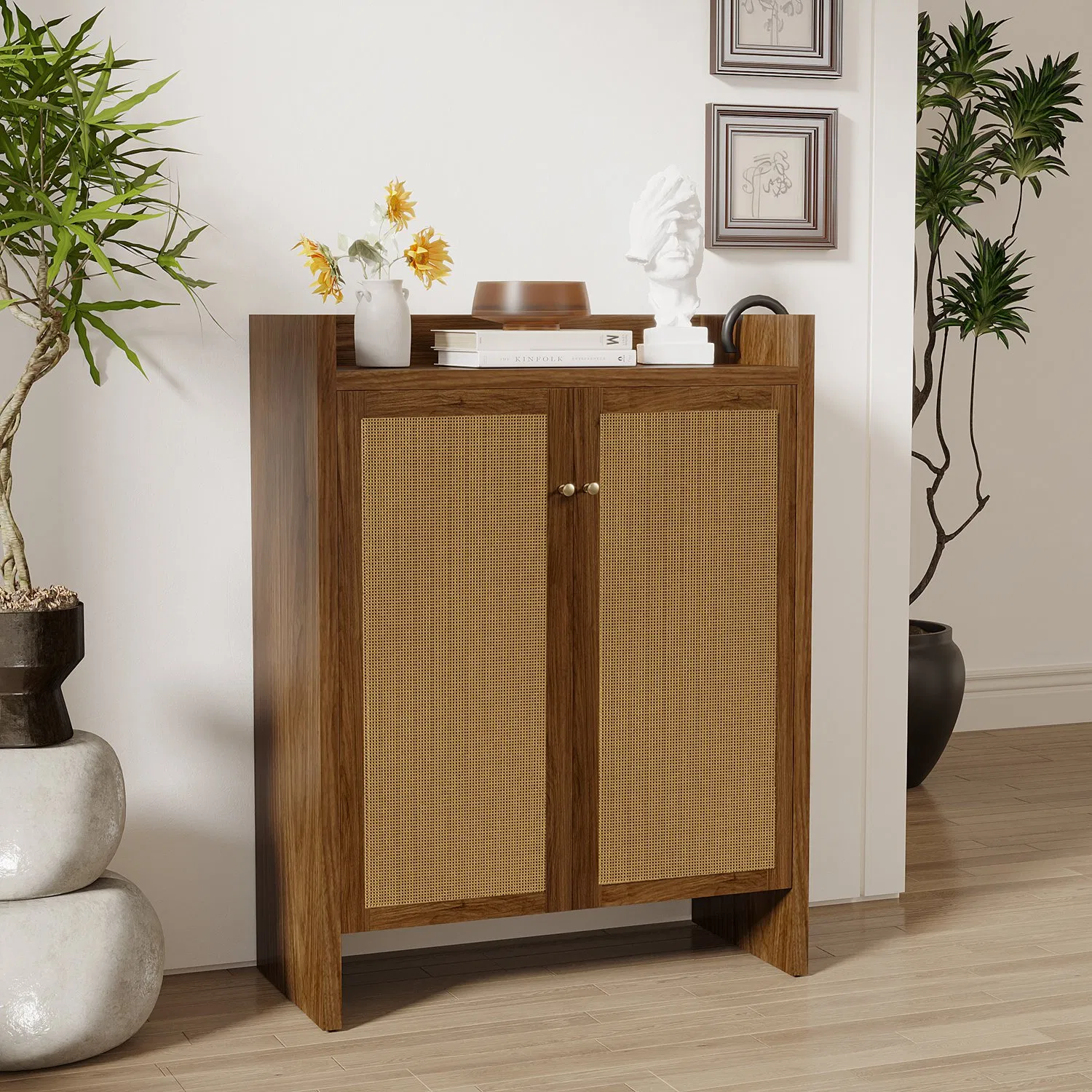 Shoe Cabinet Set, Large Capacity Shoe Storage Organizer Cabinet, Tall Rattan Shoe Cabinet with Doors and Shelves, 6-Tier Farmhouse Boho Wooden Storage Cabinet for Entryway Hallway photo 8