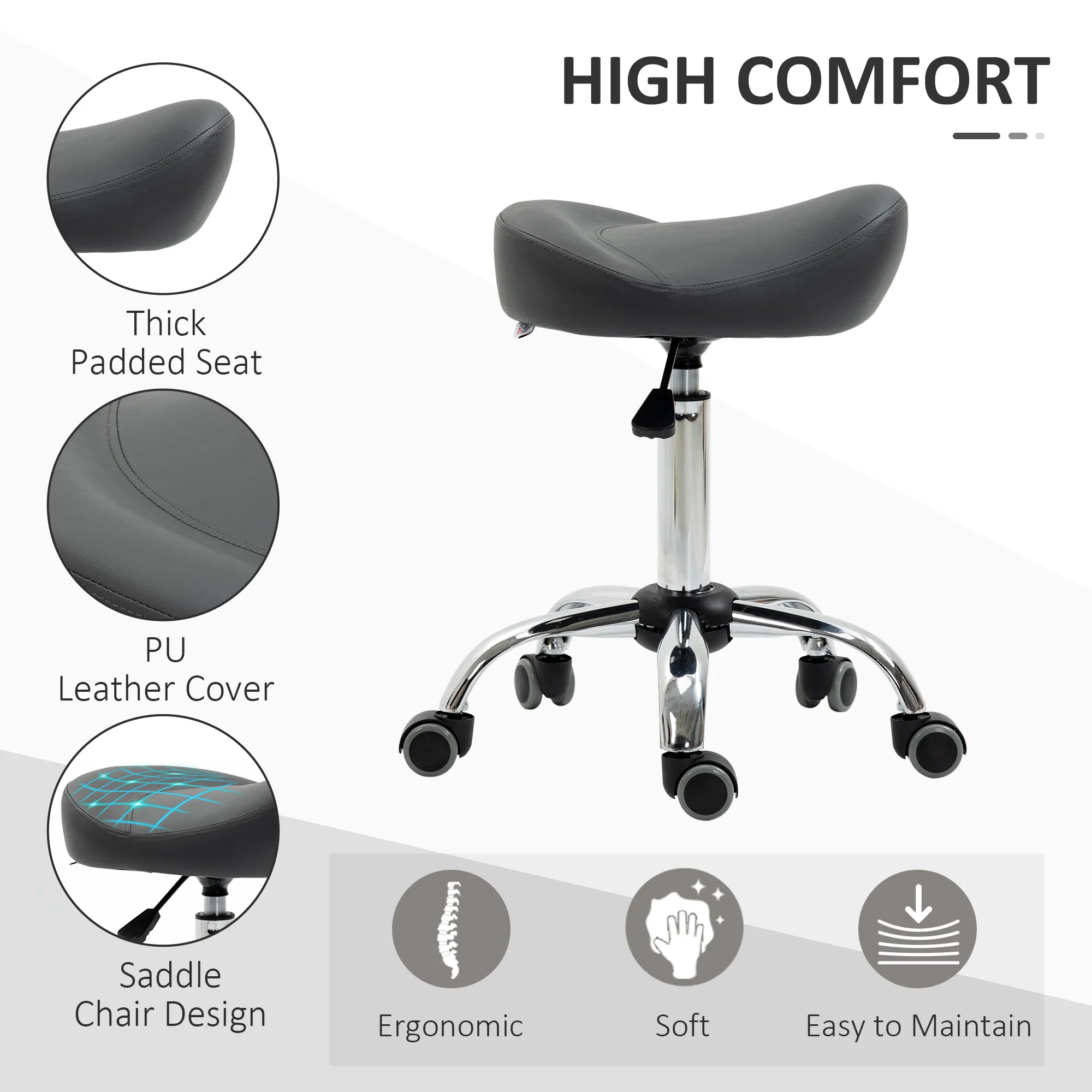 Saddle Stool, Height Adjustable Rolling Salon Chair with PU Leather for Massage, Spa, Clinic, Beauty and Tattoo, Grey photo 4