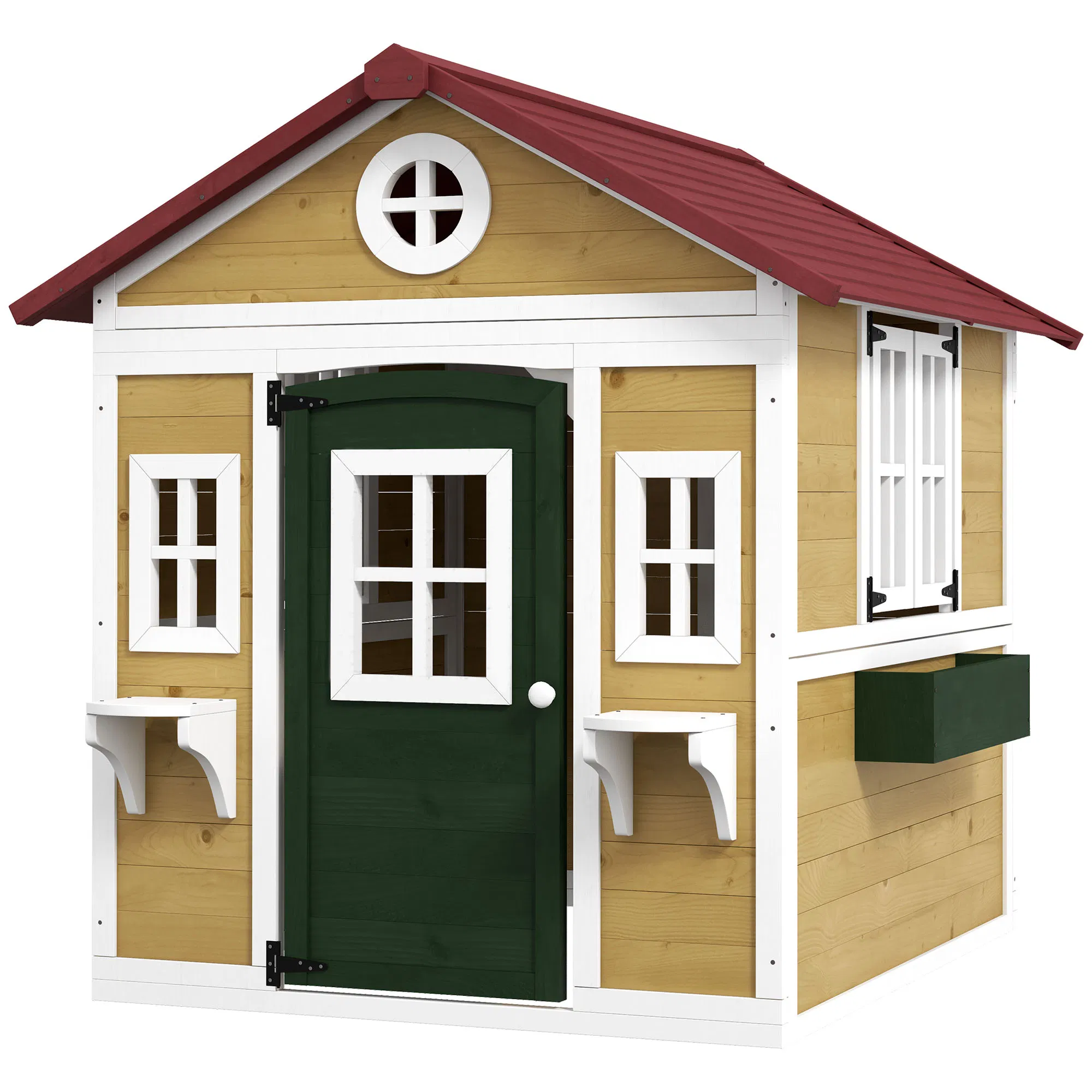 Wooden Playhouse for Kids Outdoor with Door, Windows, Planter Pots and Boxes for Toddlers 3-8 Years, Beige photo 1