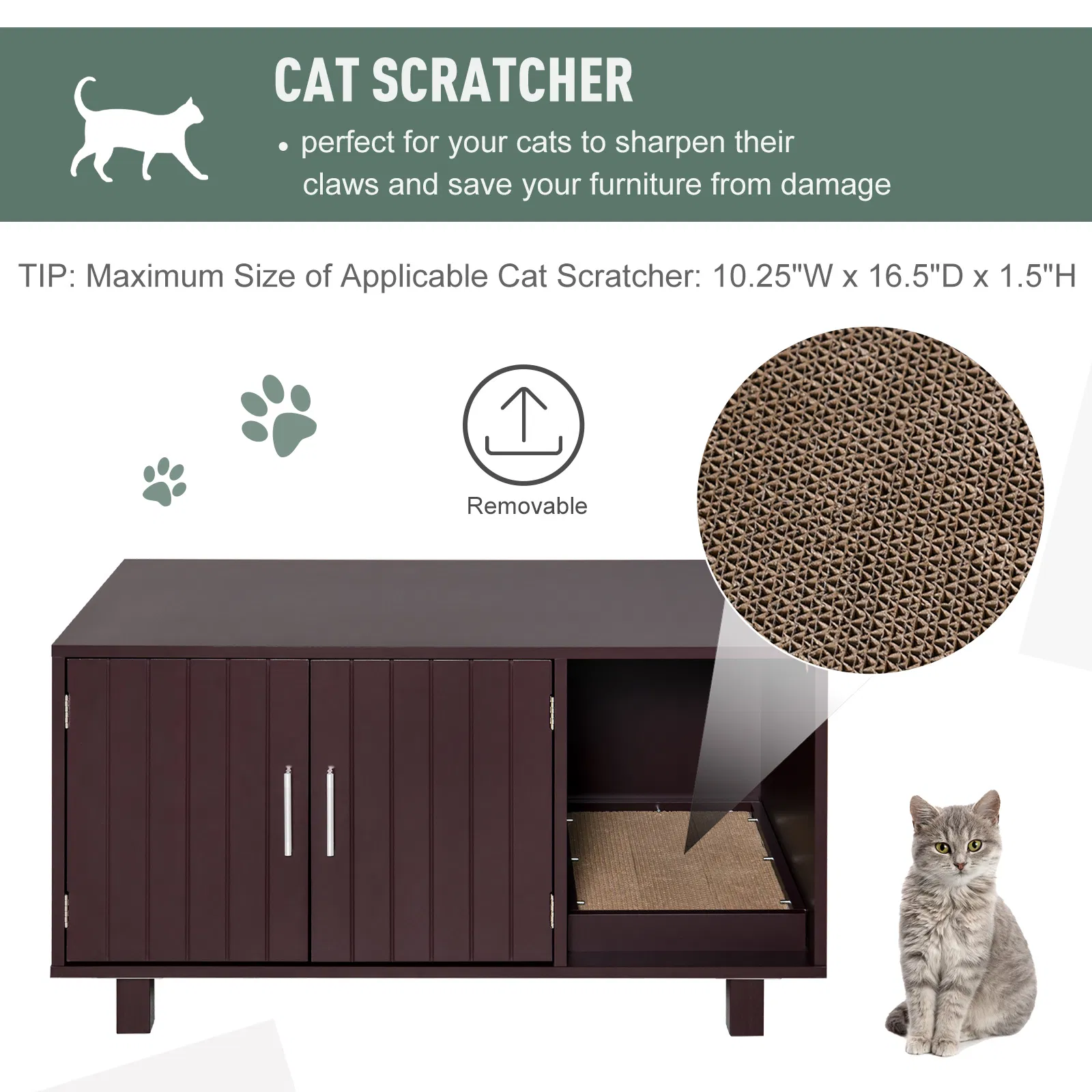 Cat Litter Box Enclosure, Hidden Litter Box Furniture, Cat House End Table Washroom with Scratching Pad, for Indoor Cats Kittens, Brown photo 3