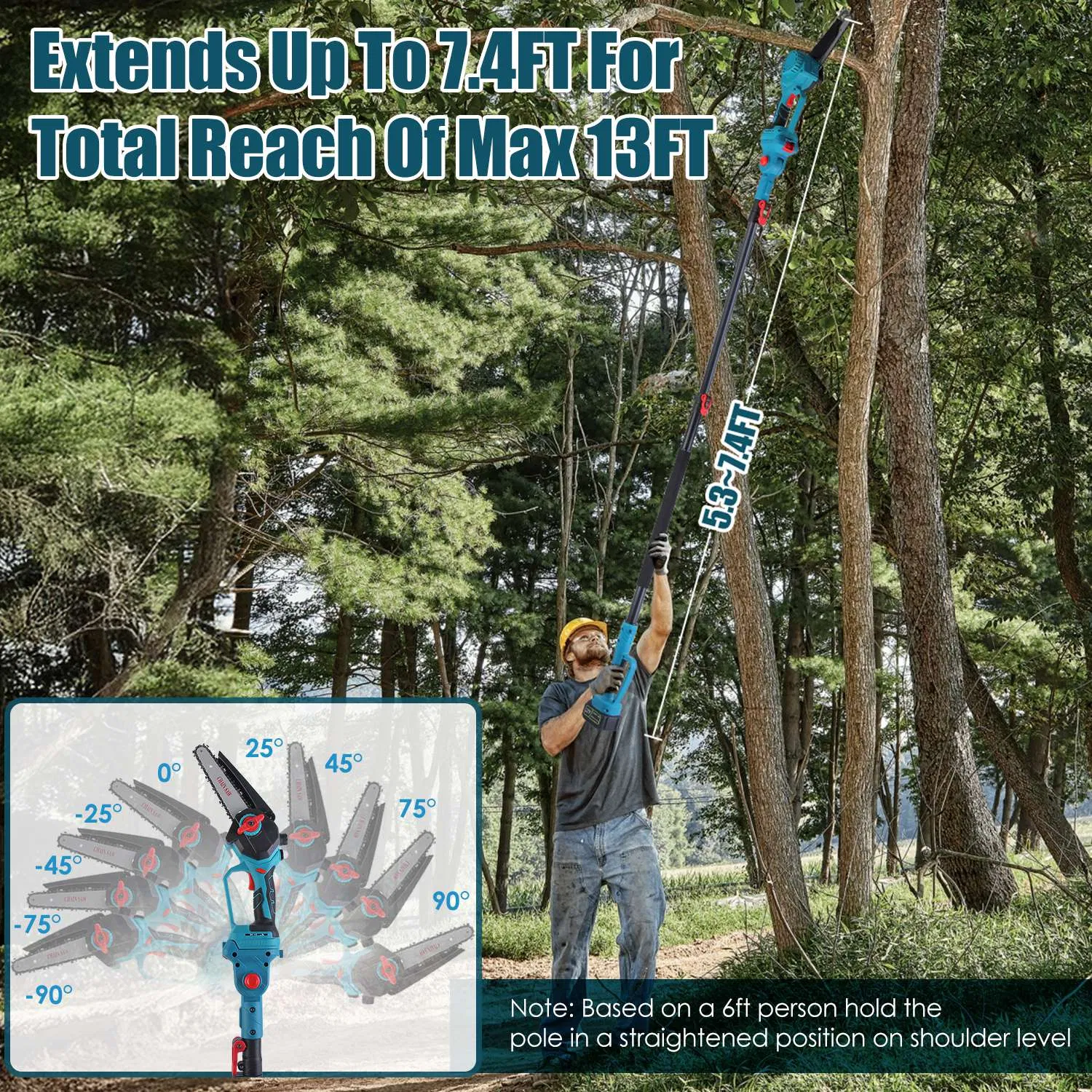 Extendable Cordless Pole Saw (5.3-7.4FT, Reach 13FT), 2-in-1 Handheld Chainsaw with ±90° Adjustable Head, Brushless Motor for High Tree Limbs Trimming photo 4