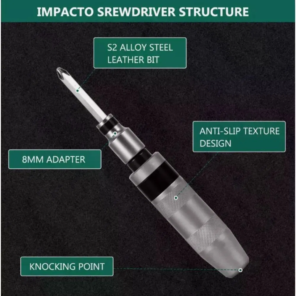 13Pcs Impact Screwdriver Set S2 Alloy Steel Bit Kit Reversible R/L Torque Driver Anti Slip Knurled Handle Rust Stripped Seized Screw Remover with Phillips Slotted Hex Bits Green Metal photo 7