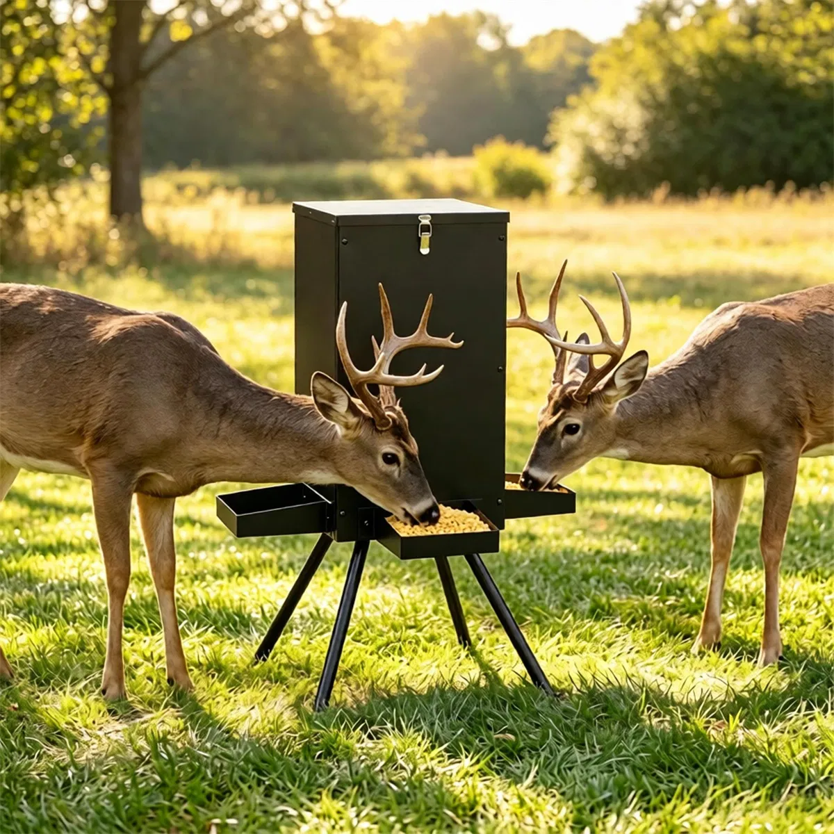 14 Gallon Gravity Deer Feeder 50-90 LBS Capacity Galvanized Coated Steel Wildlife Game Feeder with 4 Feeding Trays Lockable Lid Ground Pegs for Hunting Ranch Backyard Black photo 3