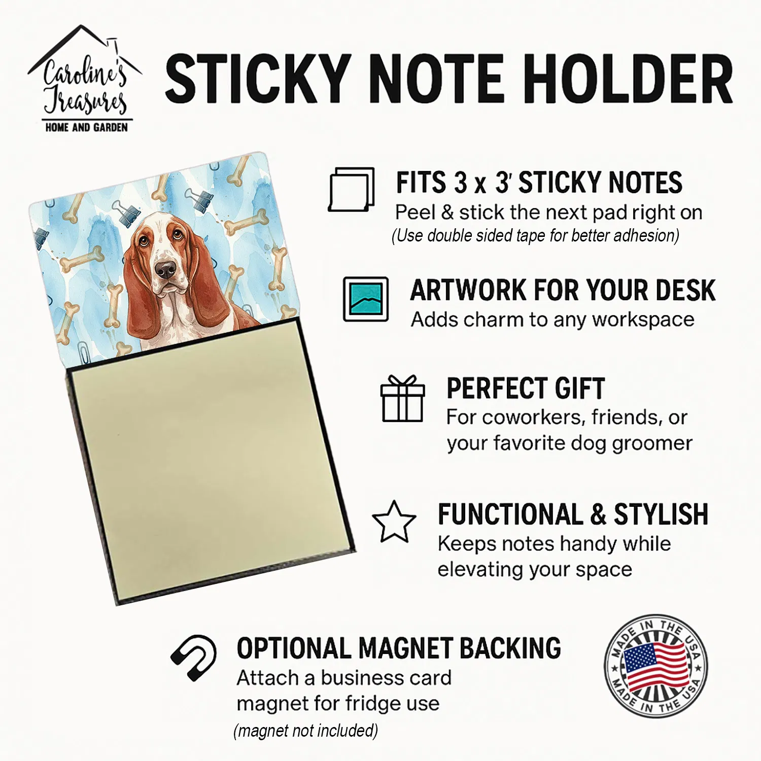 Red and White Basset Hound Coworker Watercolor Sticky Note Holder Refillable Dispenser Desk Accessory 3x3 Pad Gift photo 6