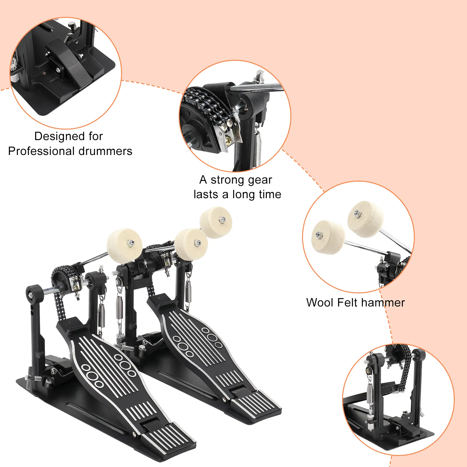 Wool Felt Hammer Double Drum Pedal Professional Double Bass Drum Pedal Black photo 8