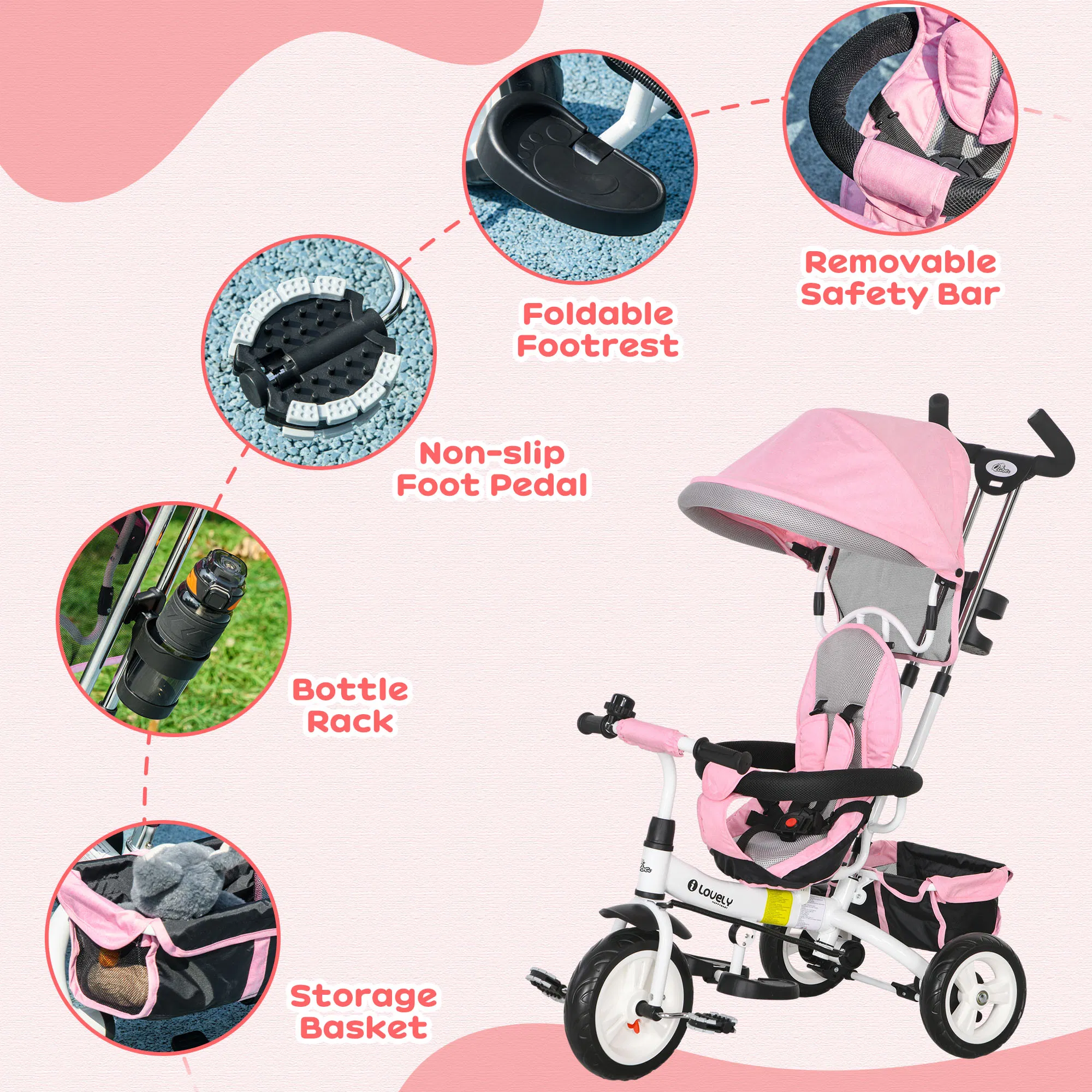 6 in 1 Toddler Tricycle Stroller with Basket, Canopy, 5-point Safety Harness, for 12-60 Months, Pink photo 5