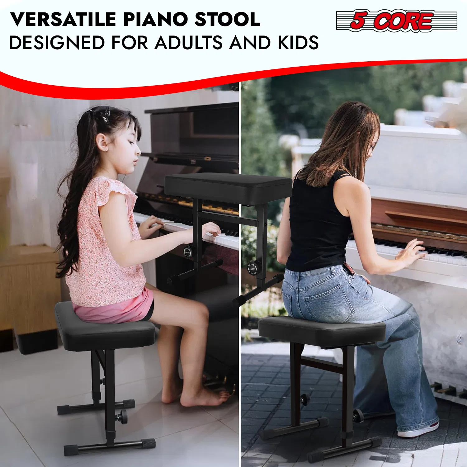 5 CORE Keyboard Bench Piano Stool T Style Black Thick Padded Cushion Seat | Height Adjustable 17 to 22 inch | Keyboard Chair (PU Leather) KBB H-ADJ BLK photo 8