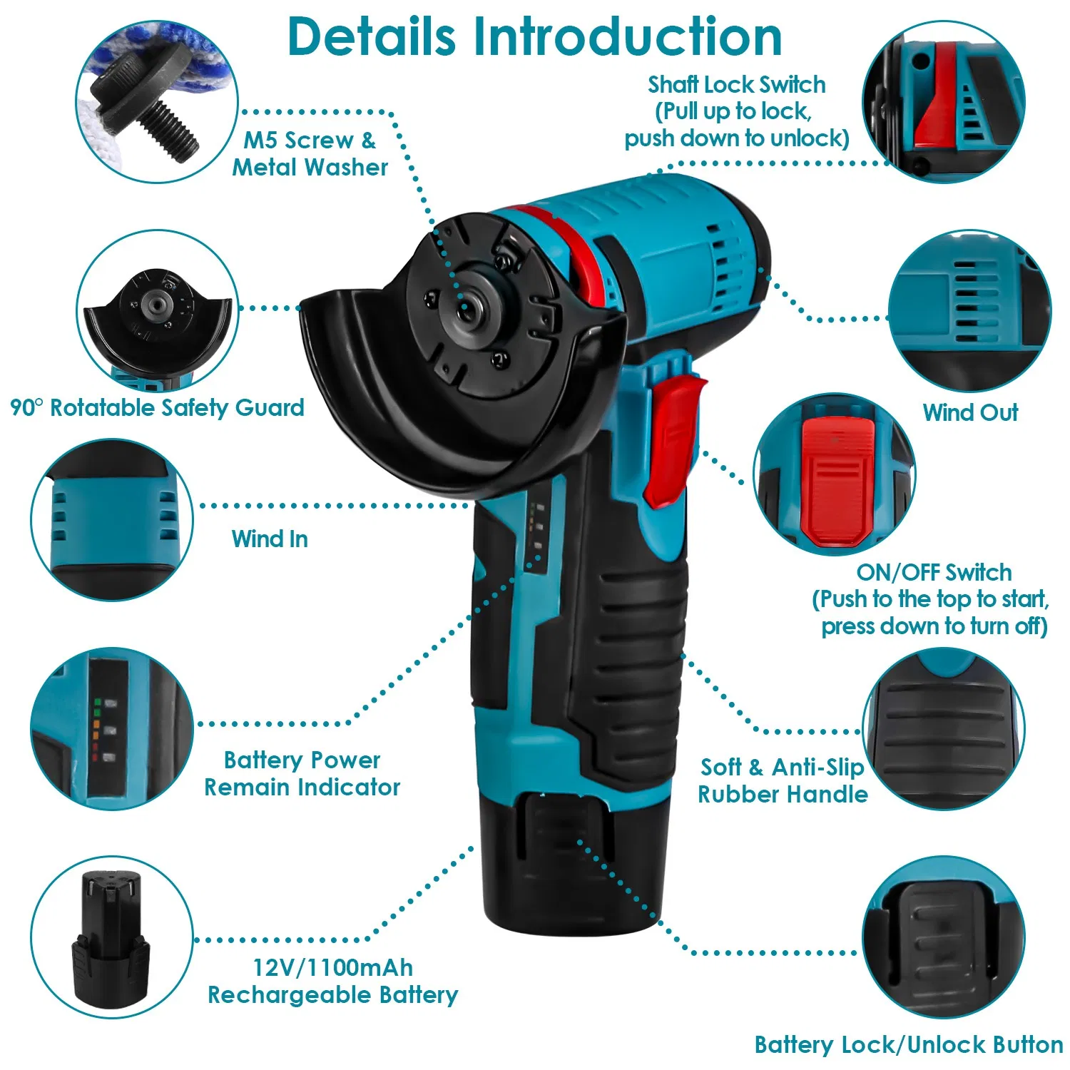 Cordless Mini Grinder Kit (3-Inch) - 19000RPM Pure Copper Motor, 2x12V 1100mAh Batteries, 90° Rotatable Guard - 4 Metal Cutting Wheels + Saw Blade + Sanding Disc for Metal/Wood/Tile Projects photo 8