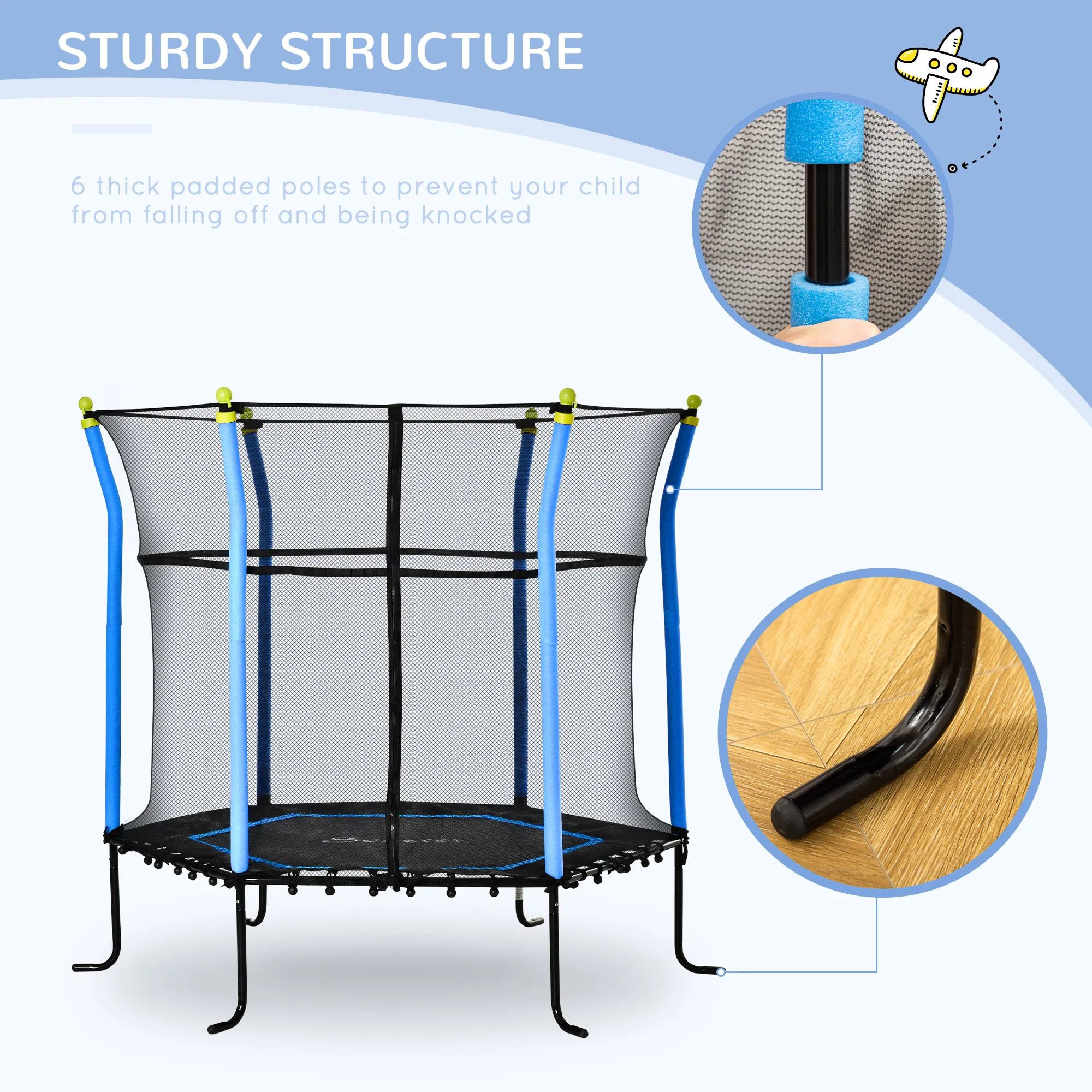64" Kids Trampoline Mini Indoor/Outdoor Bouncer Jumper with Enclosure Net Elastic Thick Padded Pole Gift for Child Toddler Age 3-10 Years Old Blue photo 6