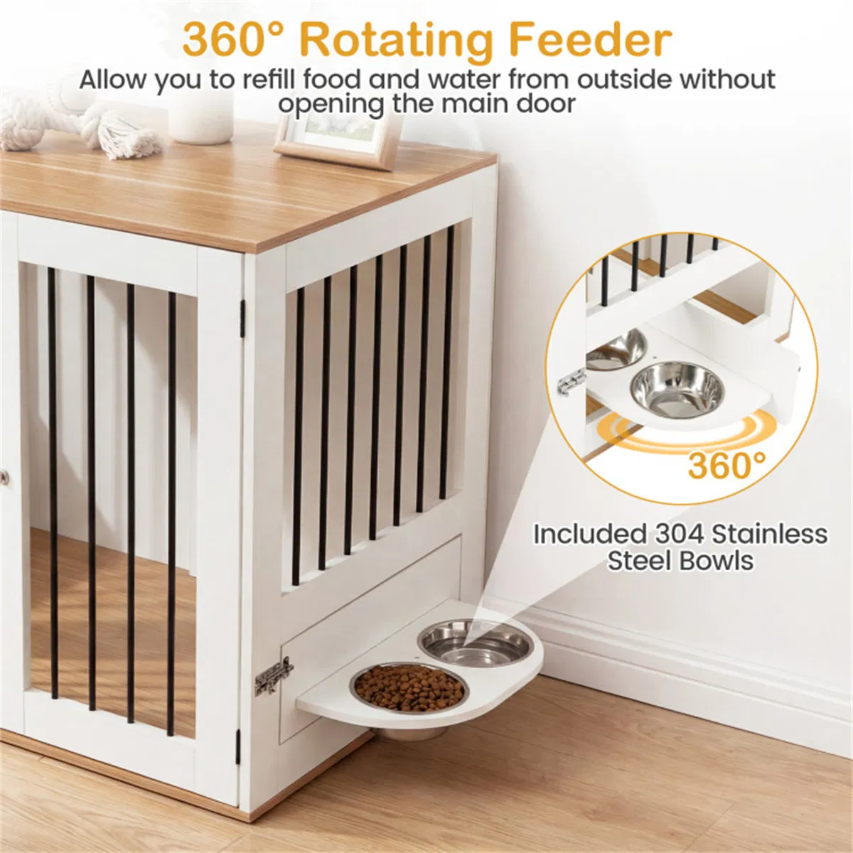 Furniture Style Dog Crate with 360° Rotating Feeder & 304 Stainless Steel Bowls, Double Locking Indoor Dog Kennel photo 2
