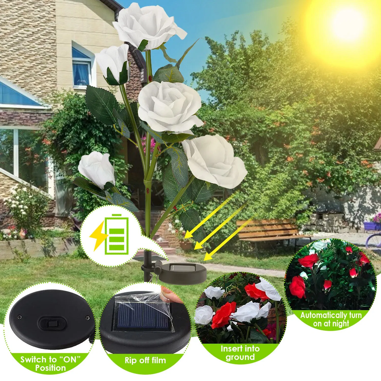 2Pcs Solar Powered Lights Outdoor Rose Flower LED Decorative Lamp Water Resistant Pathway Stake Lights For Garden Patio Yard Walkway photo 2