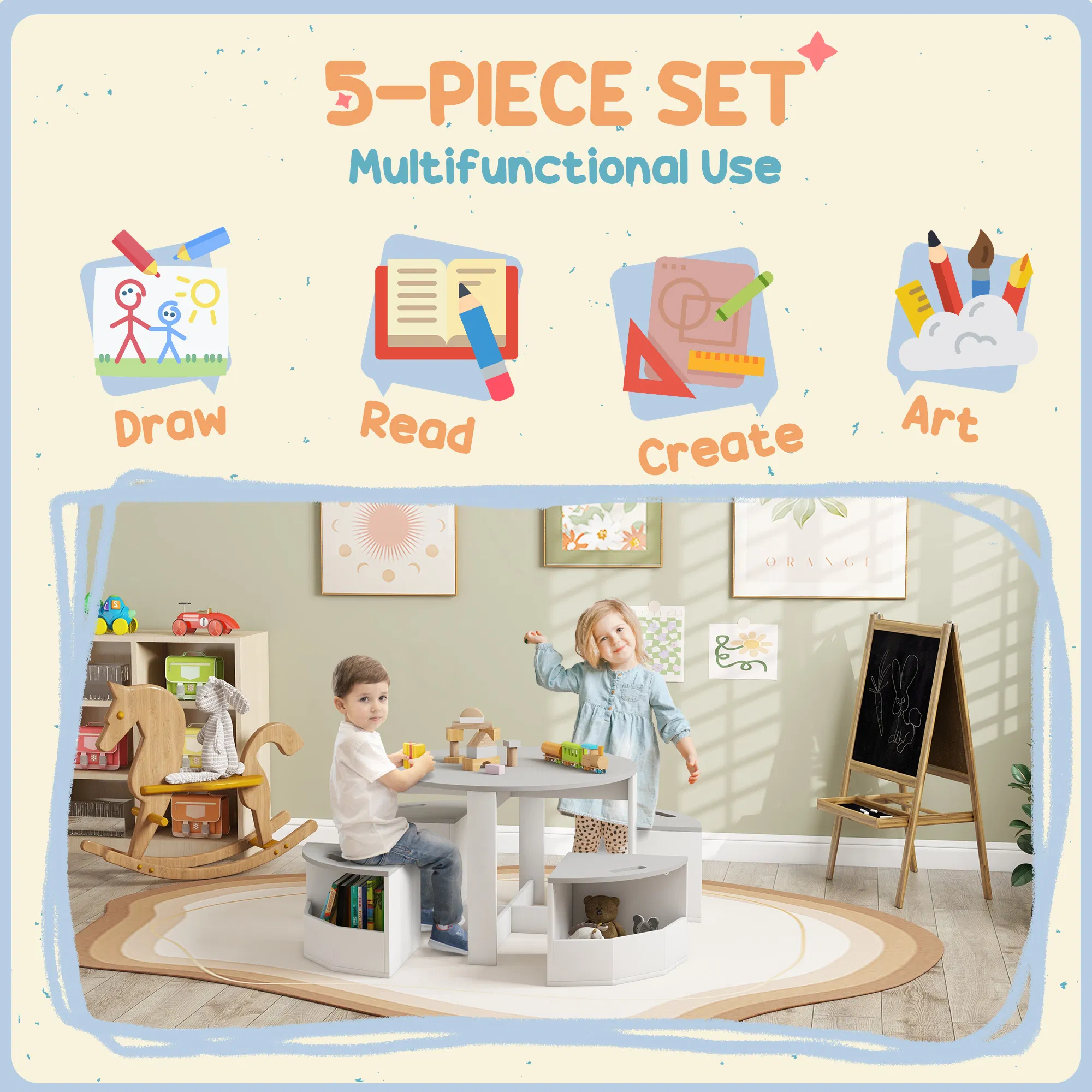 5 Piece Kids Table and Chair Set with Storage for Kids Room, Grey photo 6