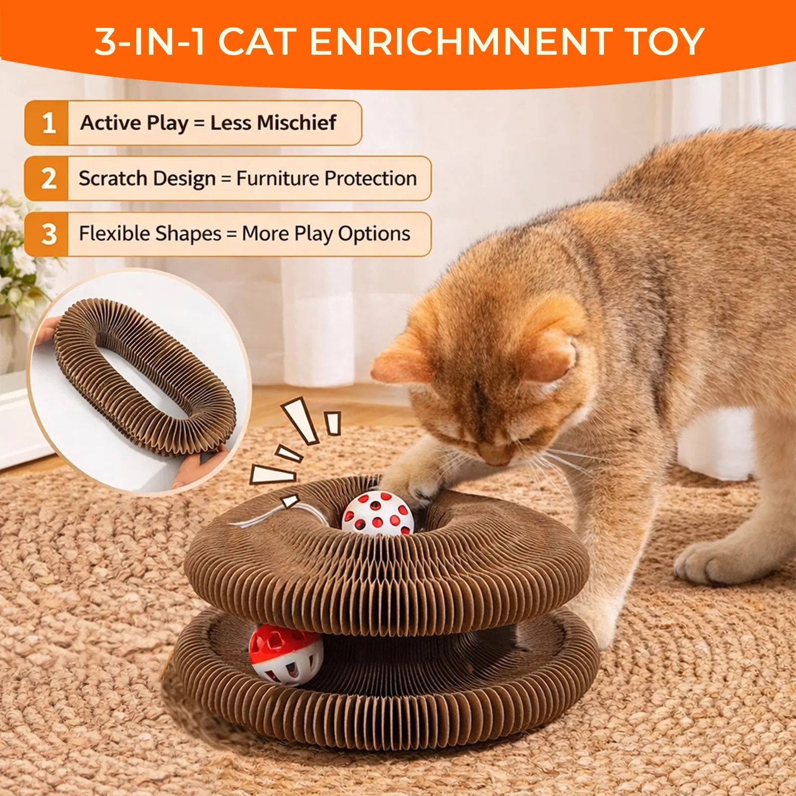 Kitty Curls Cat Toy - Foldable Accordion Cat Scratcher withBall - Magic Organ Cat Scratch Board for Interactive Play -Calming Features photo 3