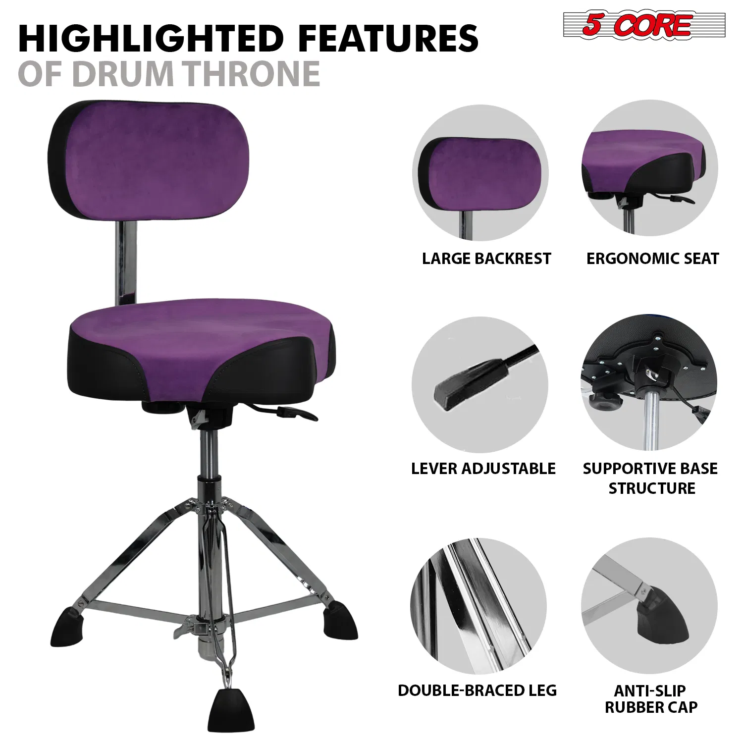 5 Core Drum Throne w Backrest 4" Padded Stool Airlift 25" Adjustable Drummer Stool 441Lb Capacity photo 3
