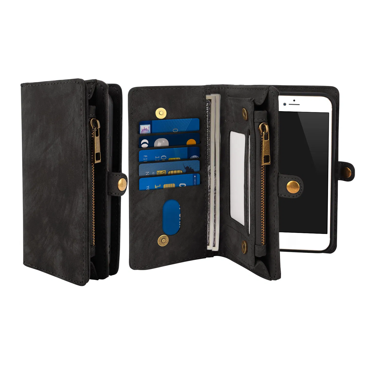 Phone Wallet Case For iPhone 8 Plus Portable Wallet Case 2 in 1 Leather Zipper Magnetic Detachable 15 Card Slots Money Pocket Clutch Cover W/ID Widows photo 1