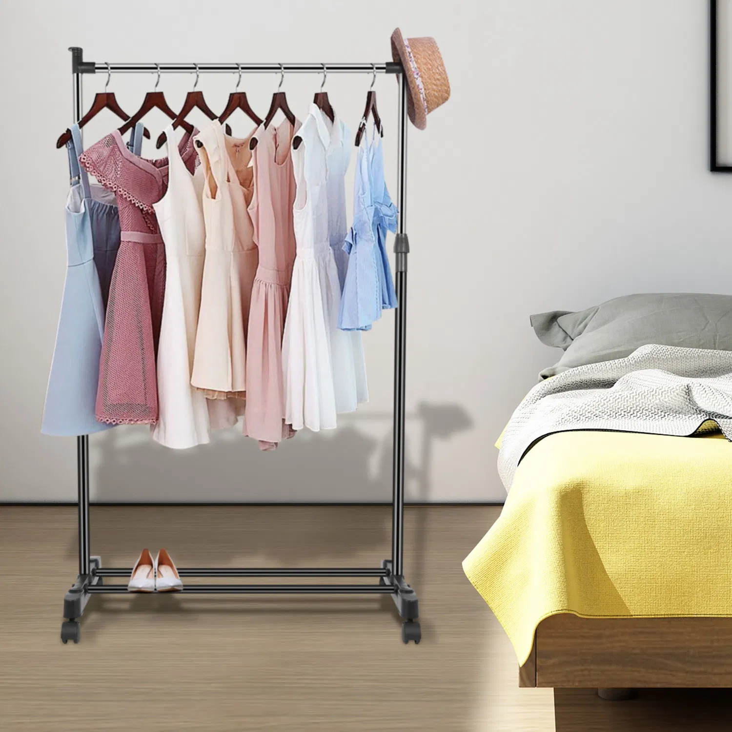 15kg/33lbs Garment Racks 3.12ft-4.80ft Height Adjustable Clothes Stand Foldable Clothes Hanger w/ Wheels Storage Shelf For Dormitory Home photo 8