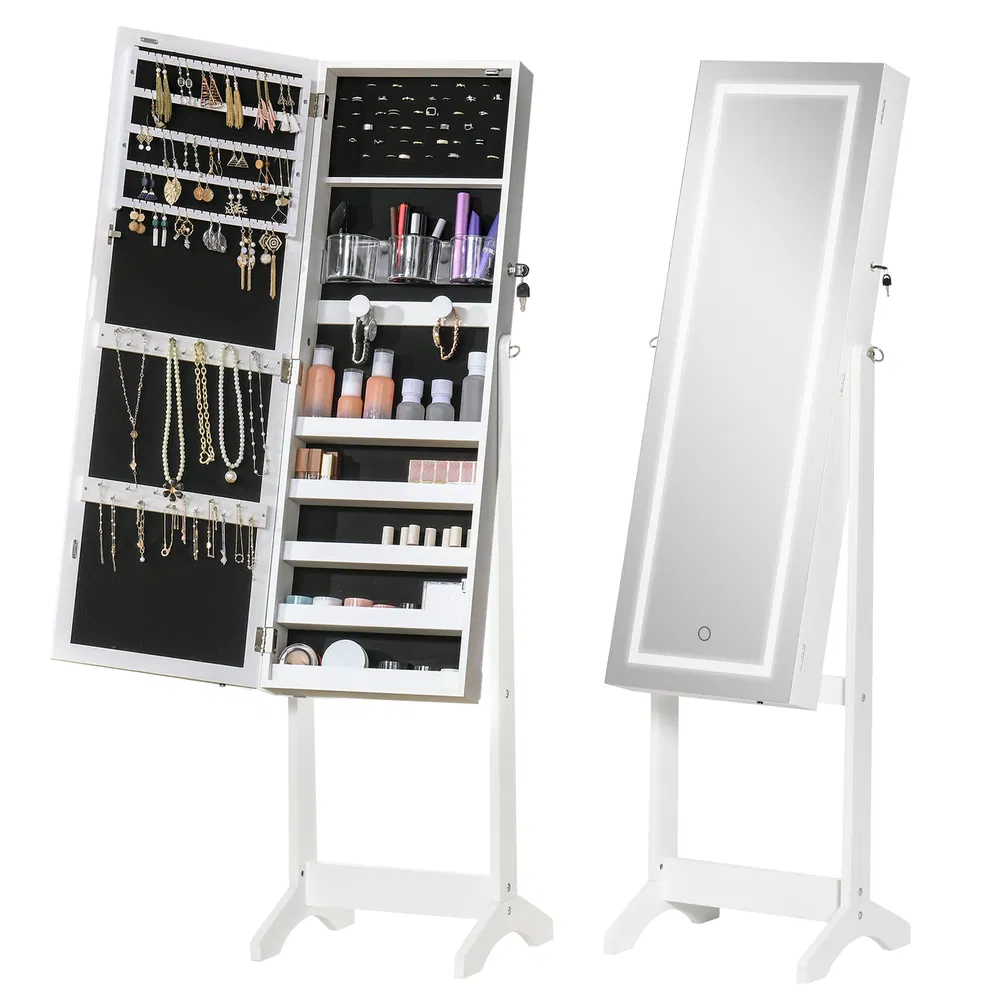 Lockable Jewelry Cabinet: With LED Light, Full-Length Mirror for Bedroom, Dressing Room, White photo 7