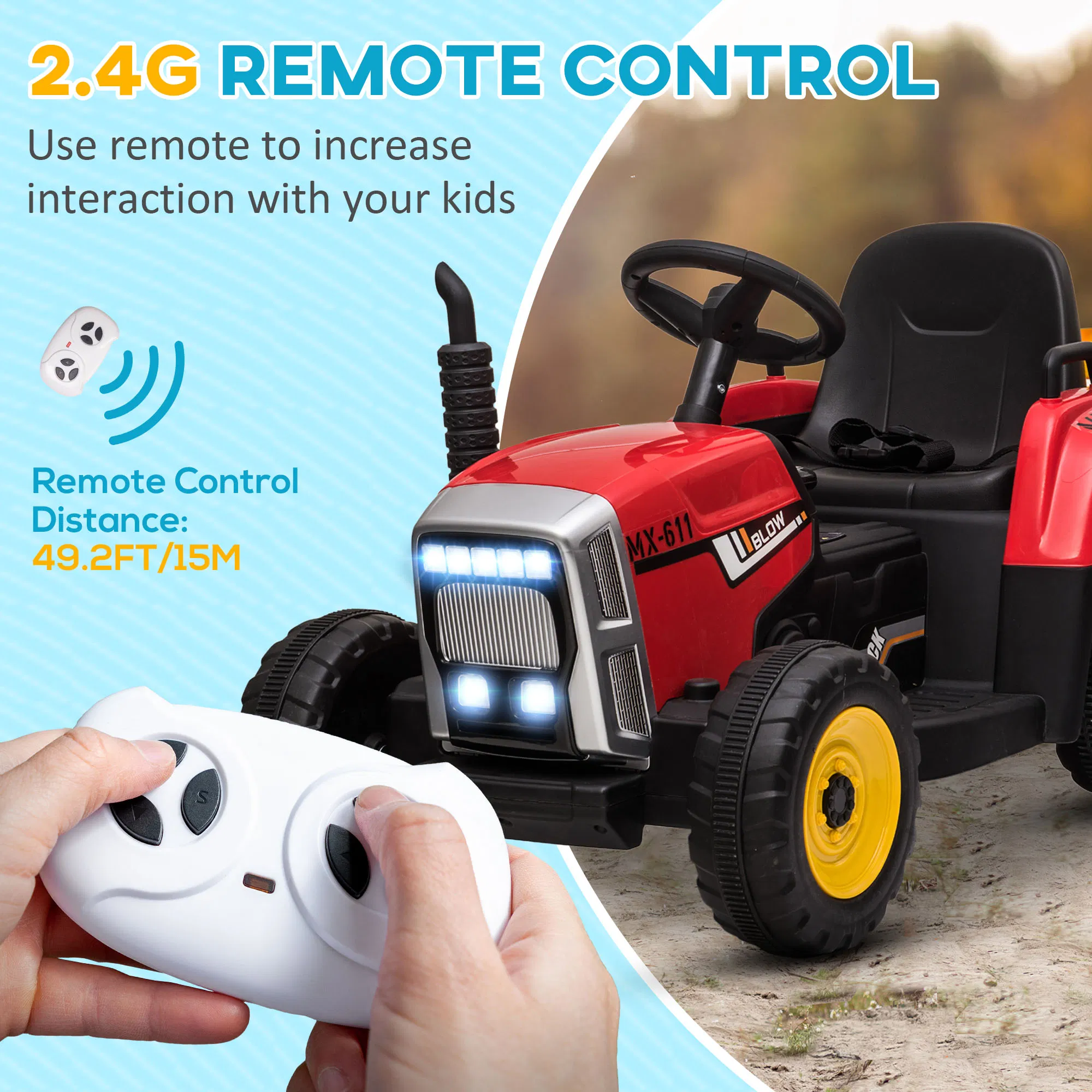 12V Kids Ride on Tractor with Trailer, Remote Control, Music Start up Sound and Horn, USB, LED Lights, Red photo 3
