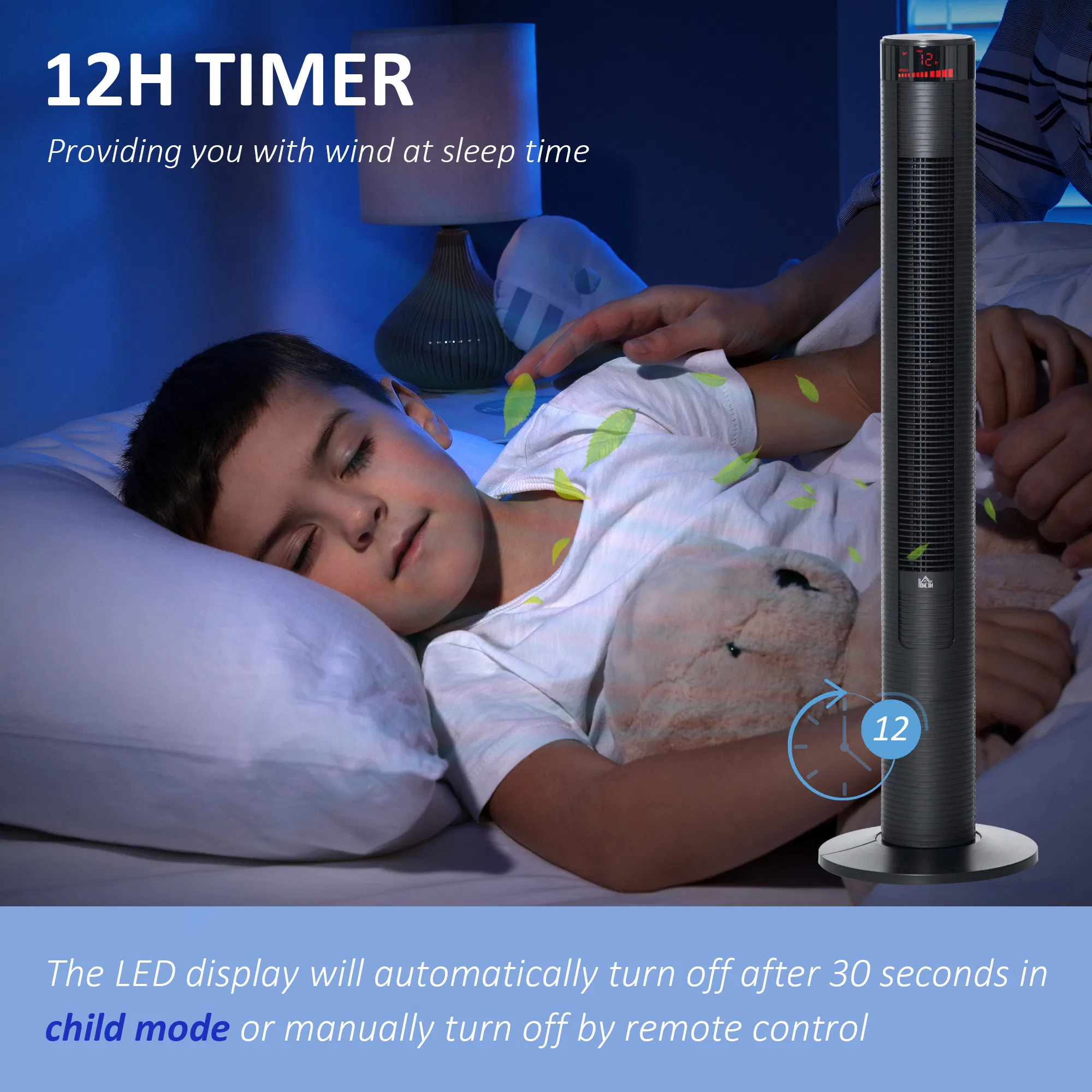 Freestanding Tower Fan Cooling for Home Bedroom with 3 Speed, 12h Timer, Oscillating, LED Panel, Remote Controller, Black photo 3