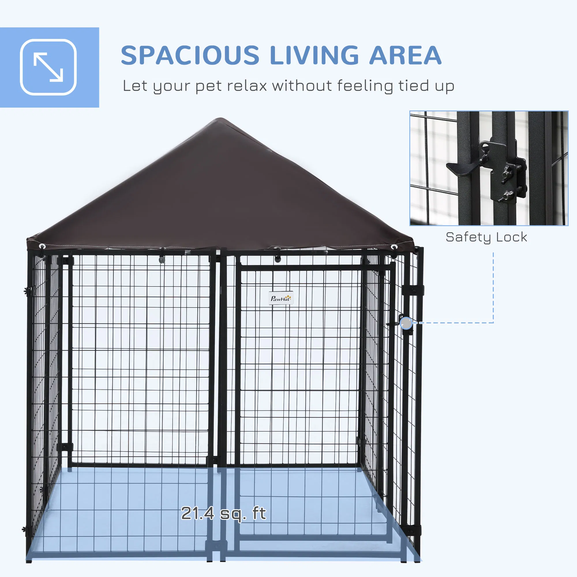 Outdoor Dog Kennel, Welded Wire Steel Fence, Lockable Pet Playpen Crate, with Water-, UV-Resistant Canopy Top, Door, 4.6ft x 4.6ft x 5ft, Black photo 2