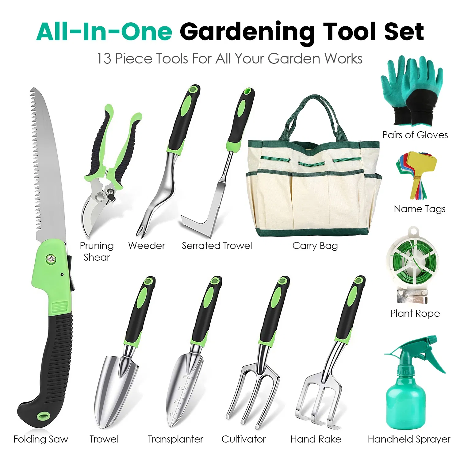 Aluminum Alloy Gardening Hand Tools 13-Piece Set, Multi-Function Garden Kit with Oxford Carry Bag, Plant Tags, Pruning Shears for Planting, Weeding & Outdoor Yard Maintenance photo 8