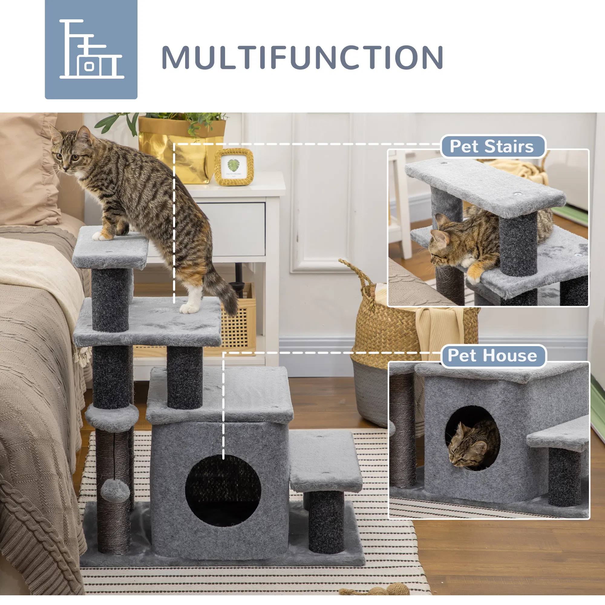 Cat Stairs Pet Steps for Couch Bed with Scratching Posts Condo Ball Toy, 23.6" x 15.7" x 26", Grey photo 5