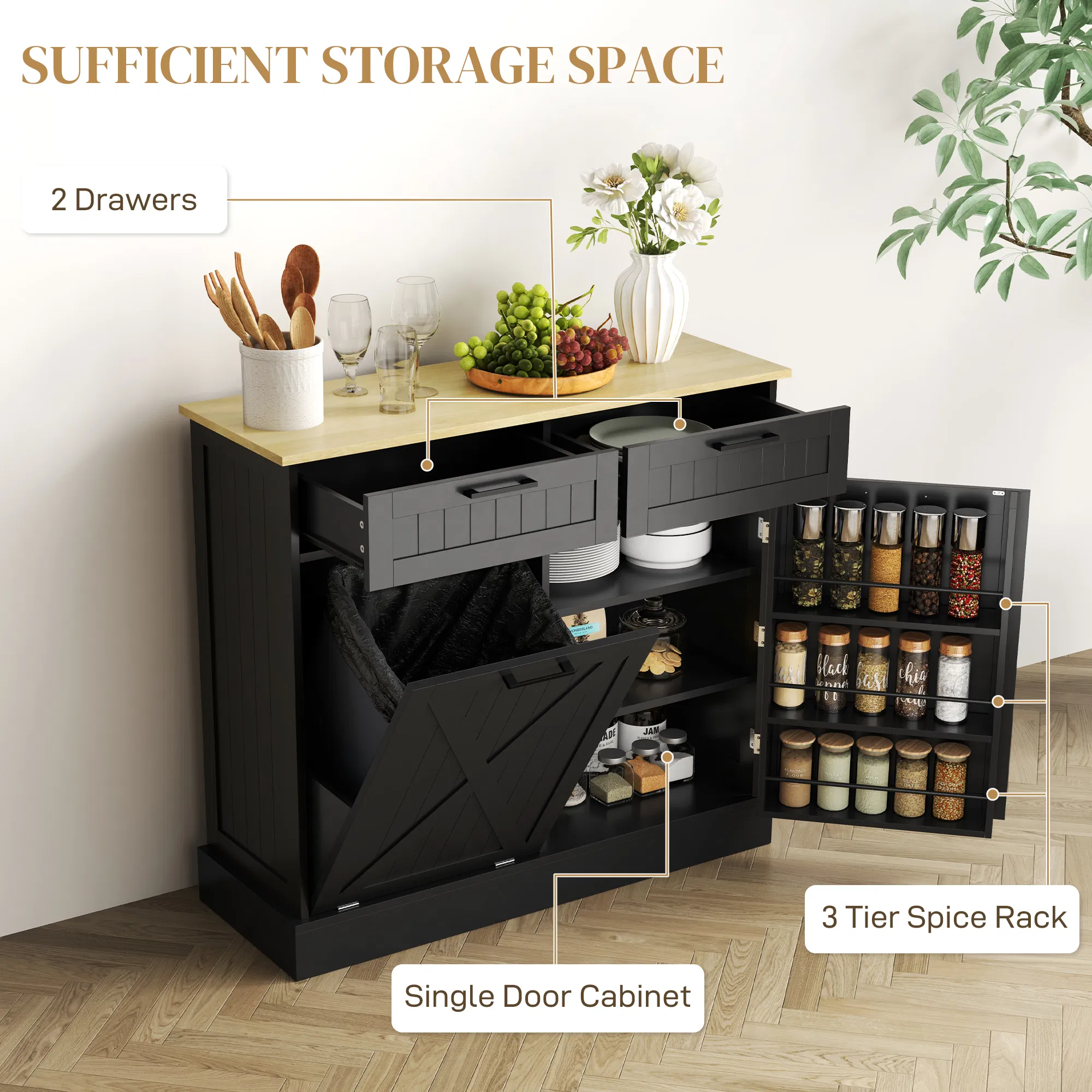 10 Gallon Hidden Garbage Bin Cabinet, Tilt Out Trash Cabinet w/ 2 Drawers, Freestanding Kitchen Island, Black photo 4