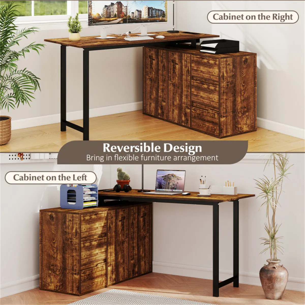 Reversible L-Shaped Desk with Built-in Charging Station, Home Office Desk with Drawers & File Cabinet - Rustic Brown photo 8