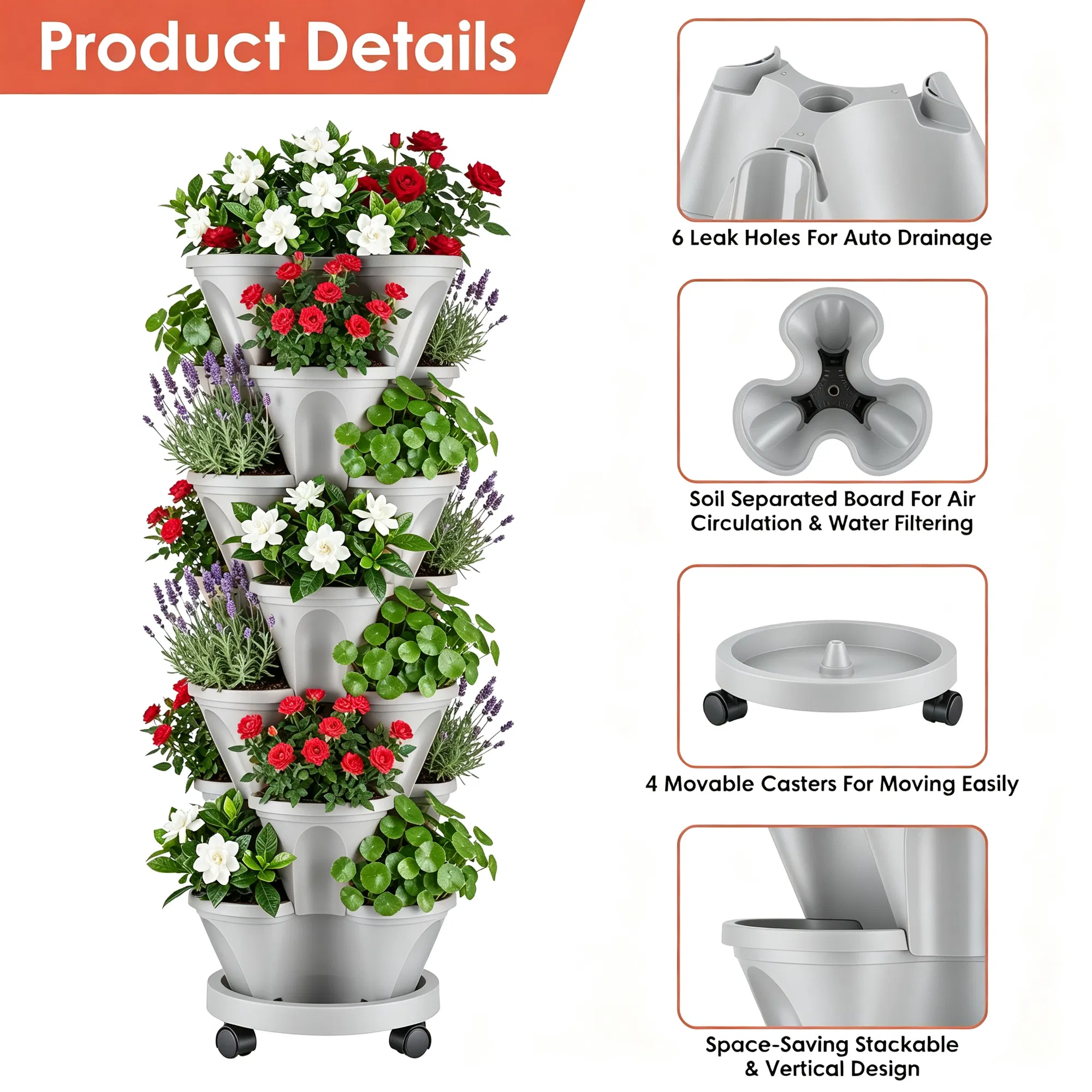 7-Tier Vertical Stackable Planter Tower with Casters, Space-Saving Stack-Up Garden Pots with Complete Tool Kit for Balcony, Deck, Indoor & Outdoor Gardening photo 5